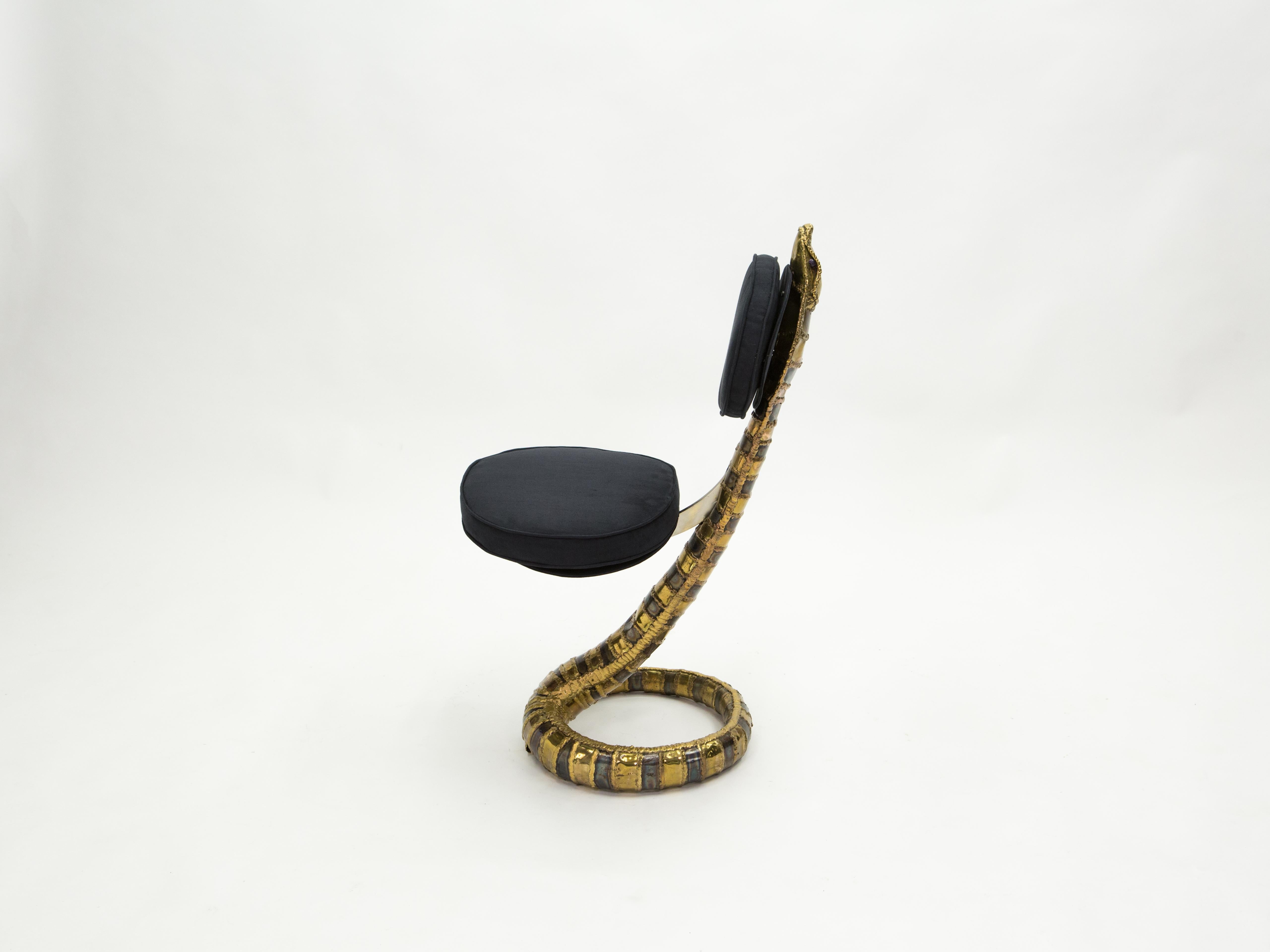 Signed Isabelle Faure Cobra Brass Sculpture Chair Black Alcantara, 1970s 8