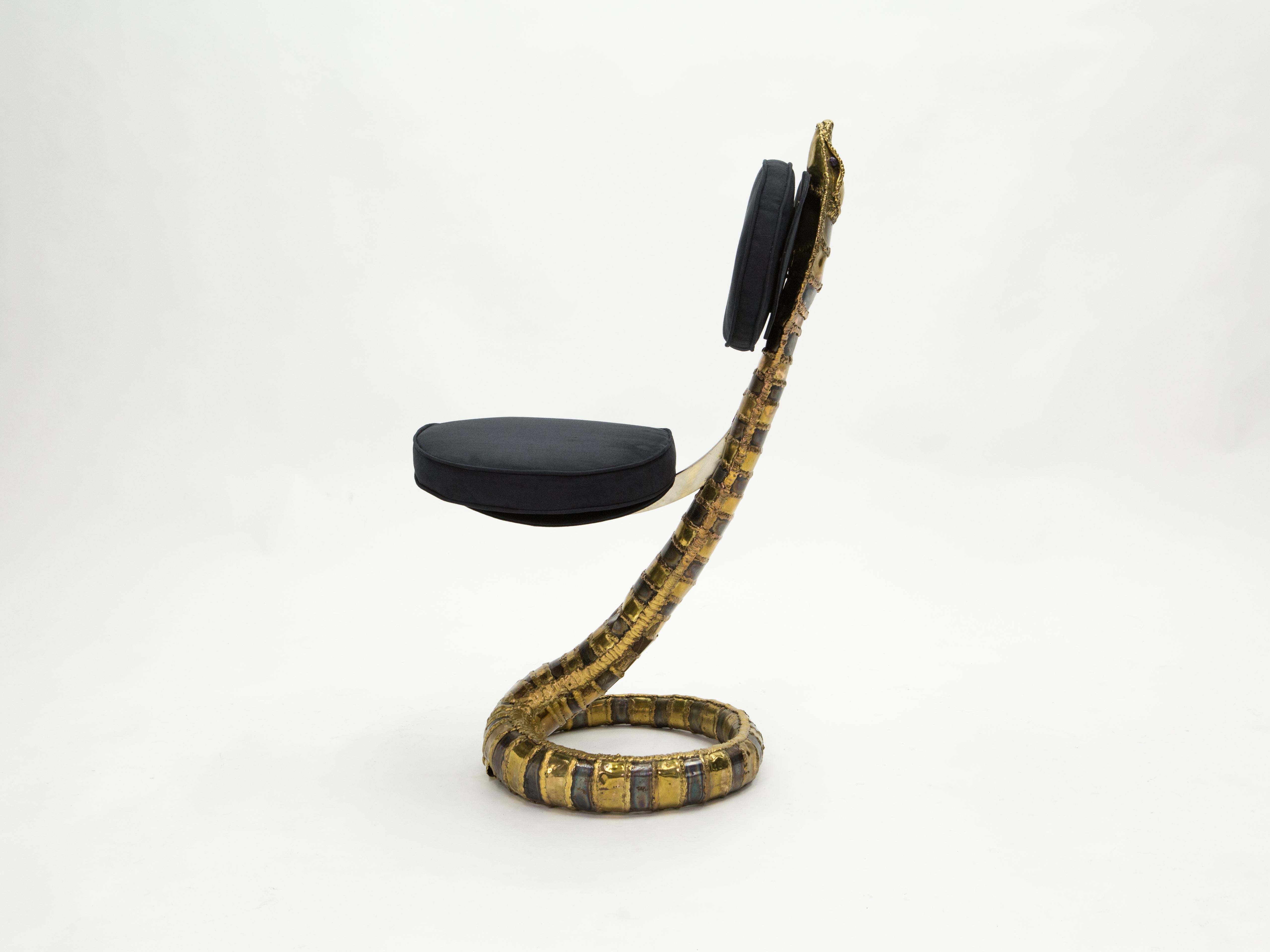 Mid-Century Modern Signed Isabelle Faure Cobra Brass Sculpture Chair Black Alcantara, 1970s
