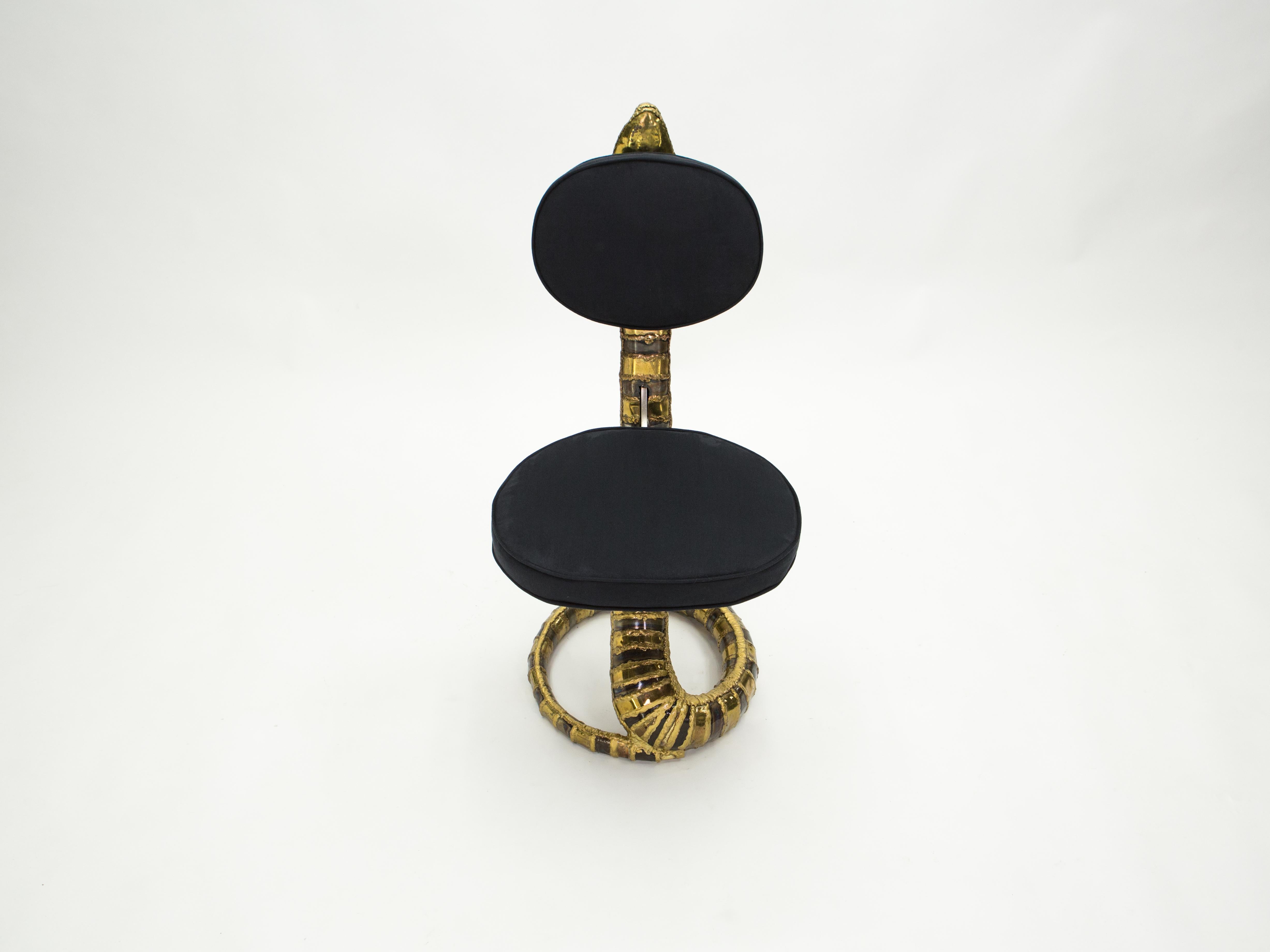 Signed Isabelle Faure Cobra Brass Sculpture Chair Black Alcantara, 1970s In Good Condition In Paris, IDF