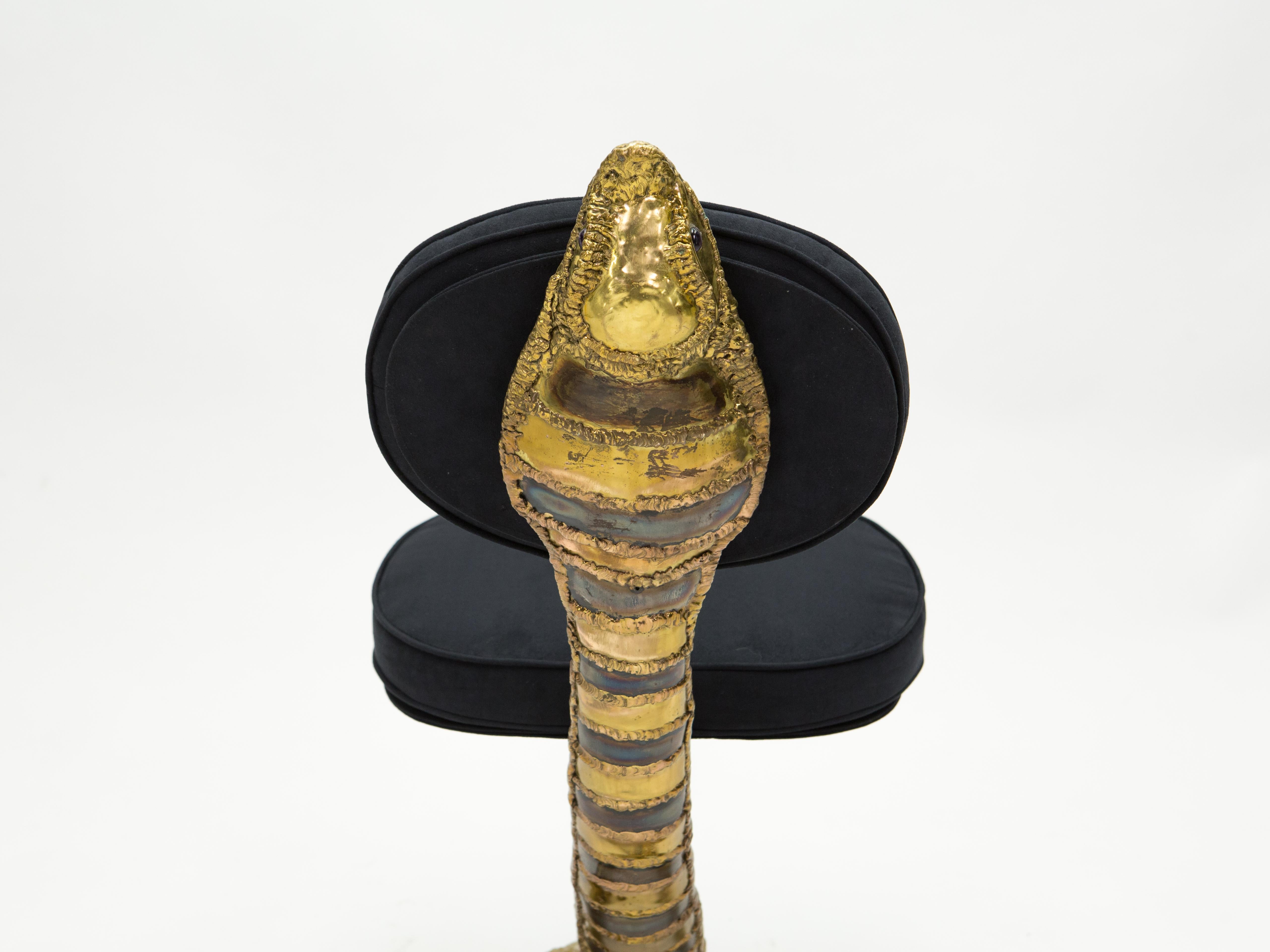 Copper Signed Isabelle Faure Cobra Brass Sculpture Chair Black Alcantara, 1970s