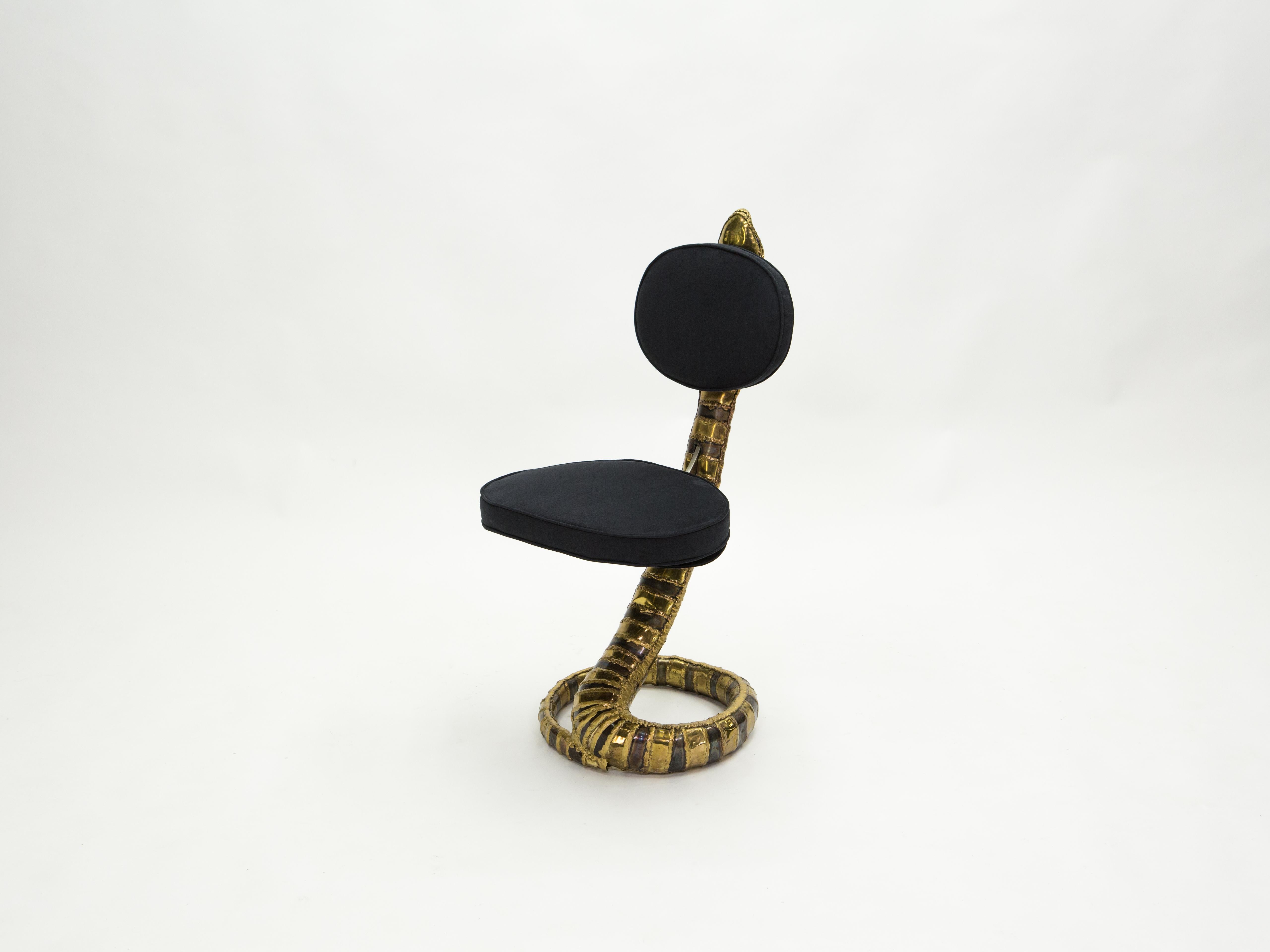 Signed Isabelle Faure Cobra Brass Sculpture Chair Black Alcantara, 1970s 2