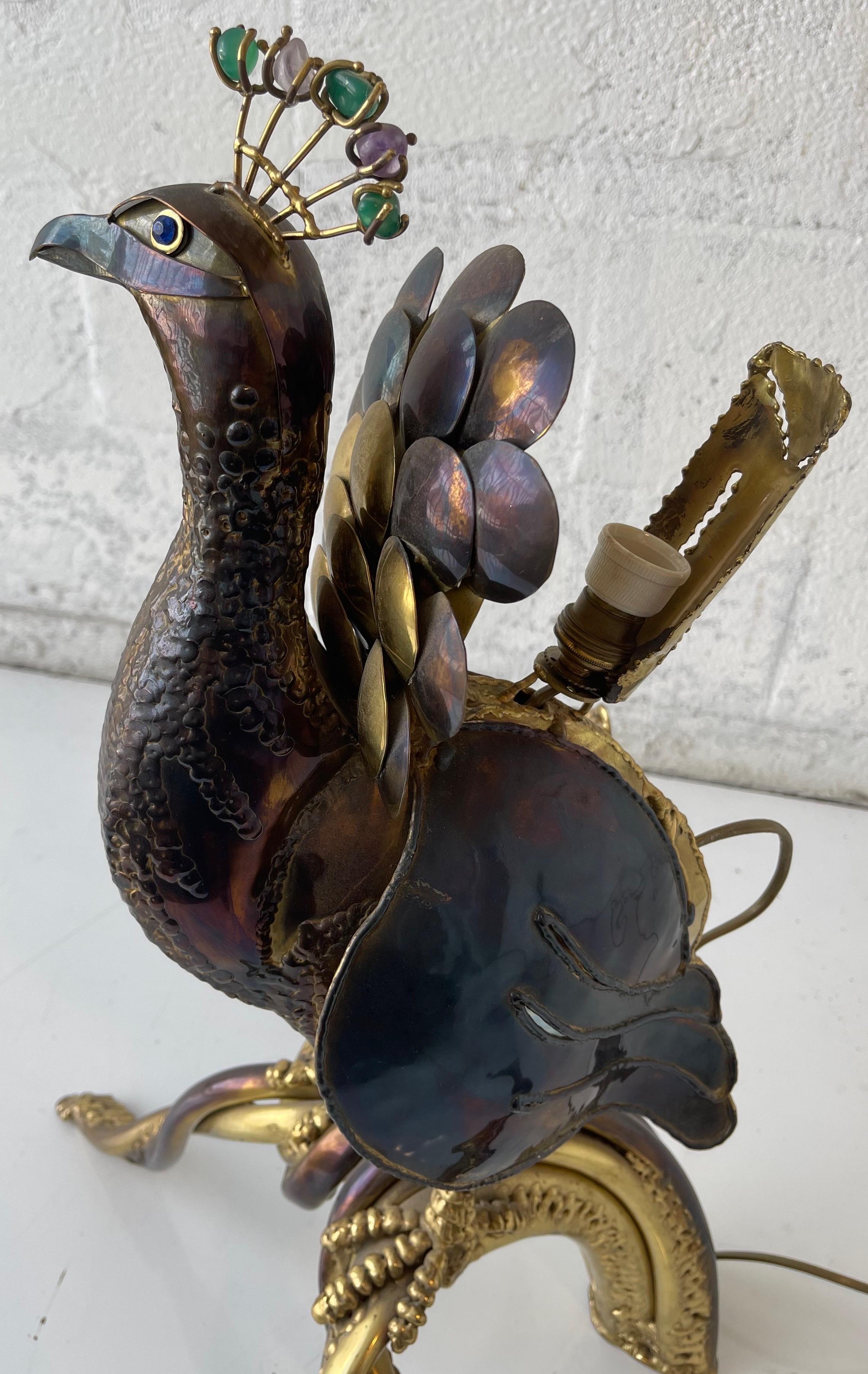 Signed Isabelle Faure Huge Agates and Brass Peacock Lamp For Sale 5
