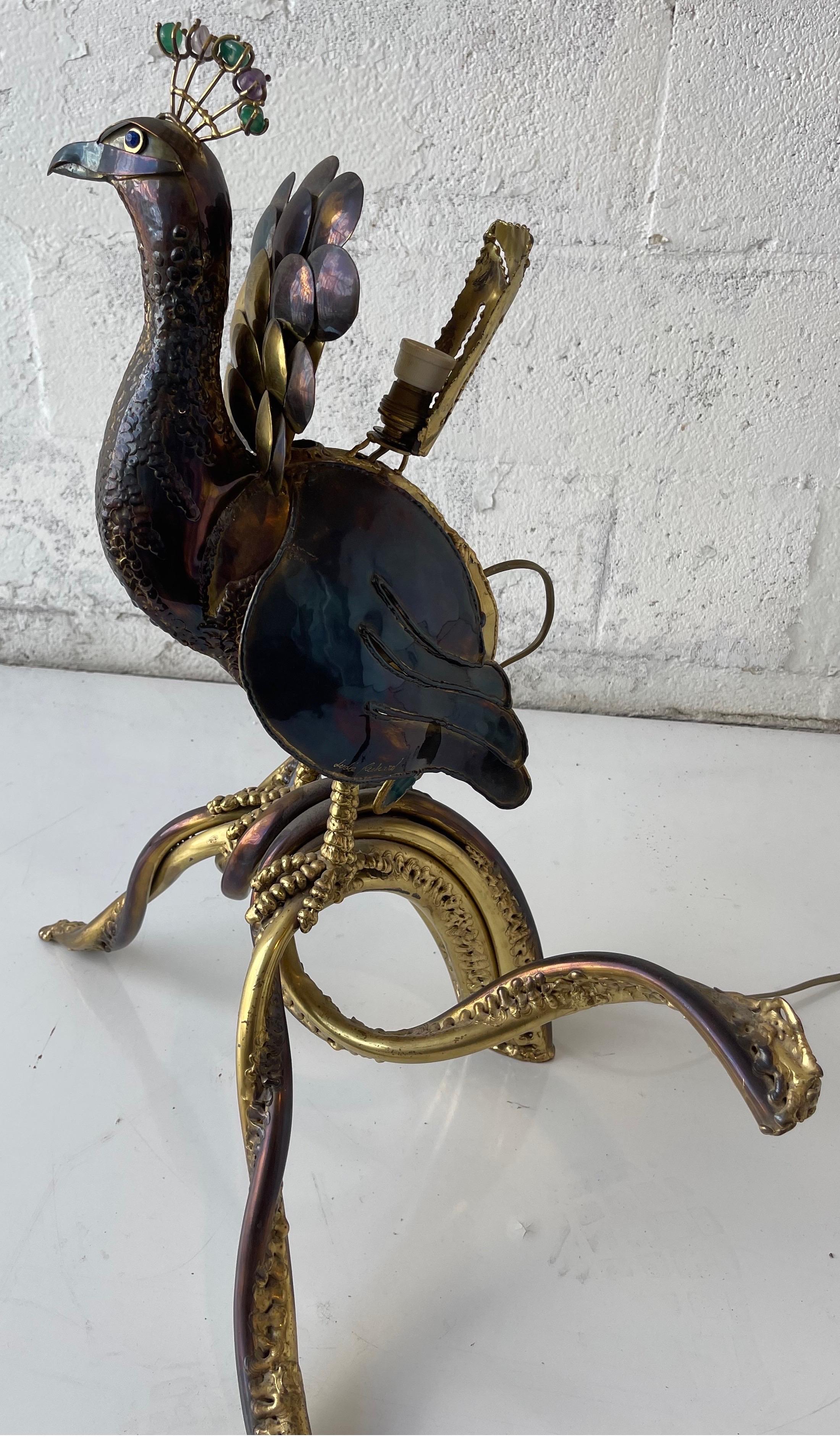 Signed Isabelle Faure Huge Agates and Brass Peacock Lamp For Sale 6
