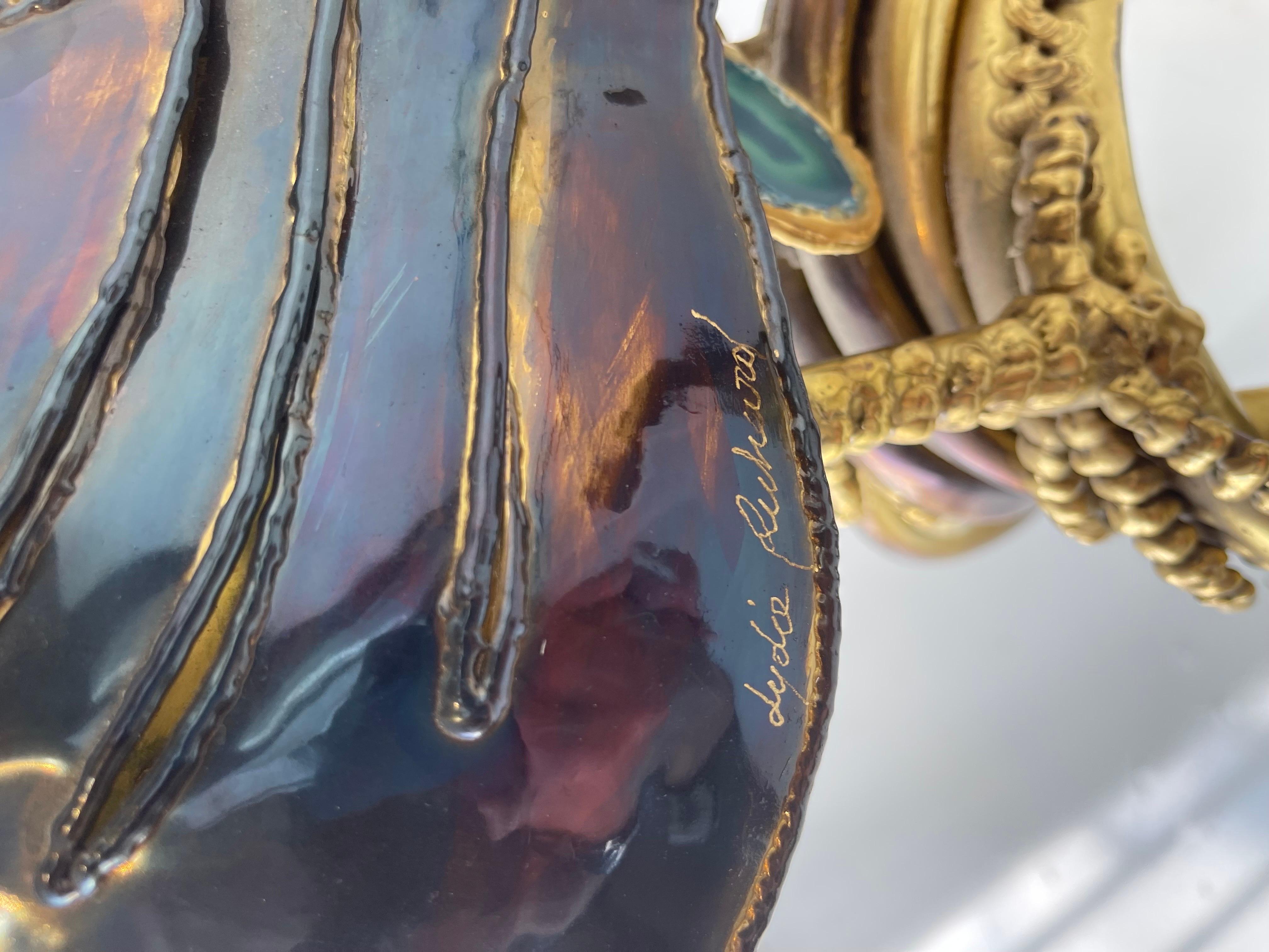Signed Isabelle Faure Huge Agates and Brass Peacock Lamp For Sale 8