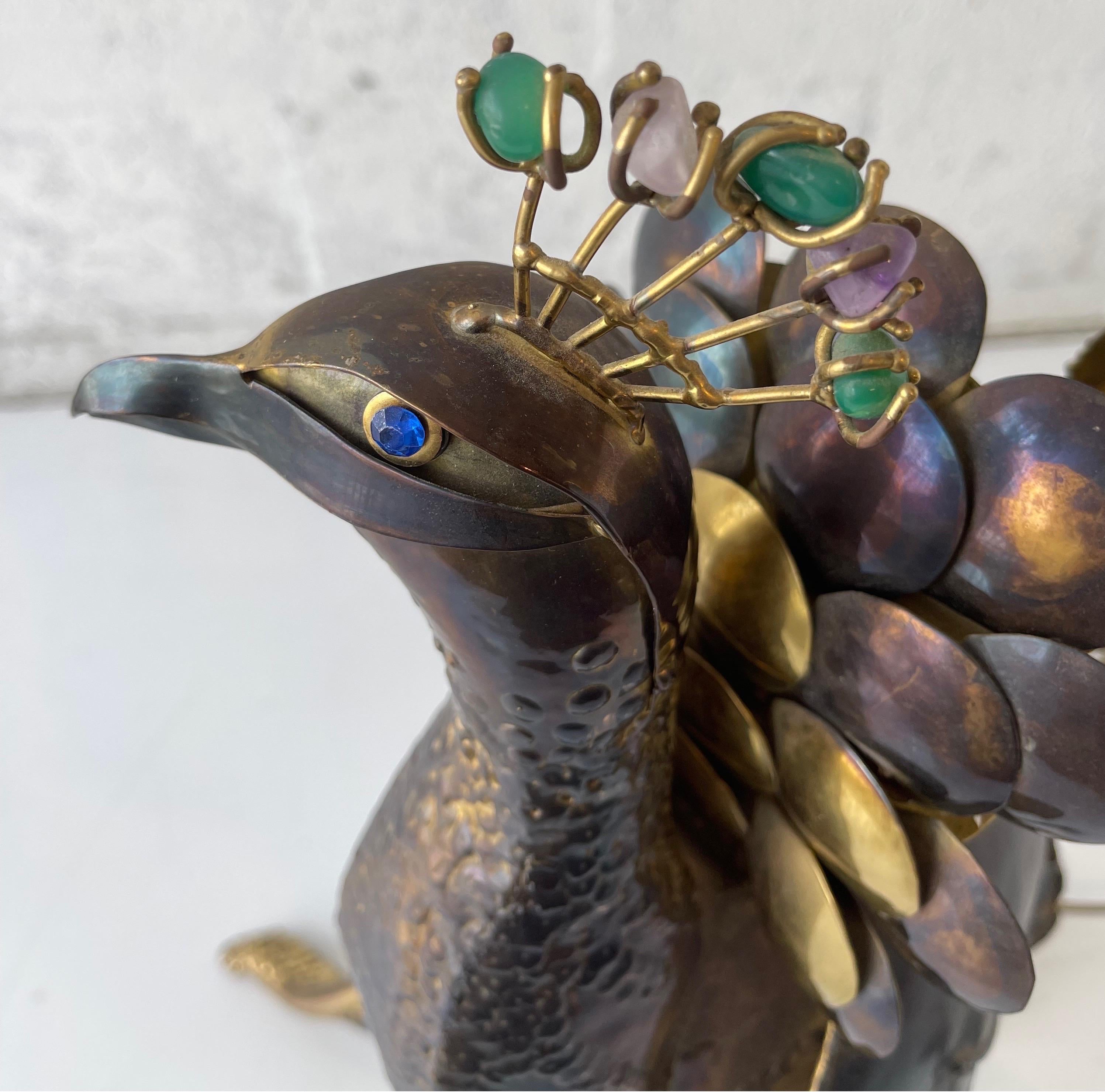 Signed Isabelle Faure Huge Agates and Brass Peacock Lamp For Sale 10