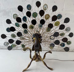 Signed Isabelle Faure Huge Agates and Brass Peacock Lamp