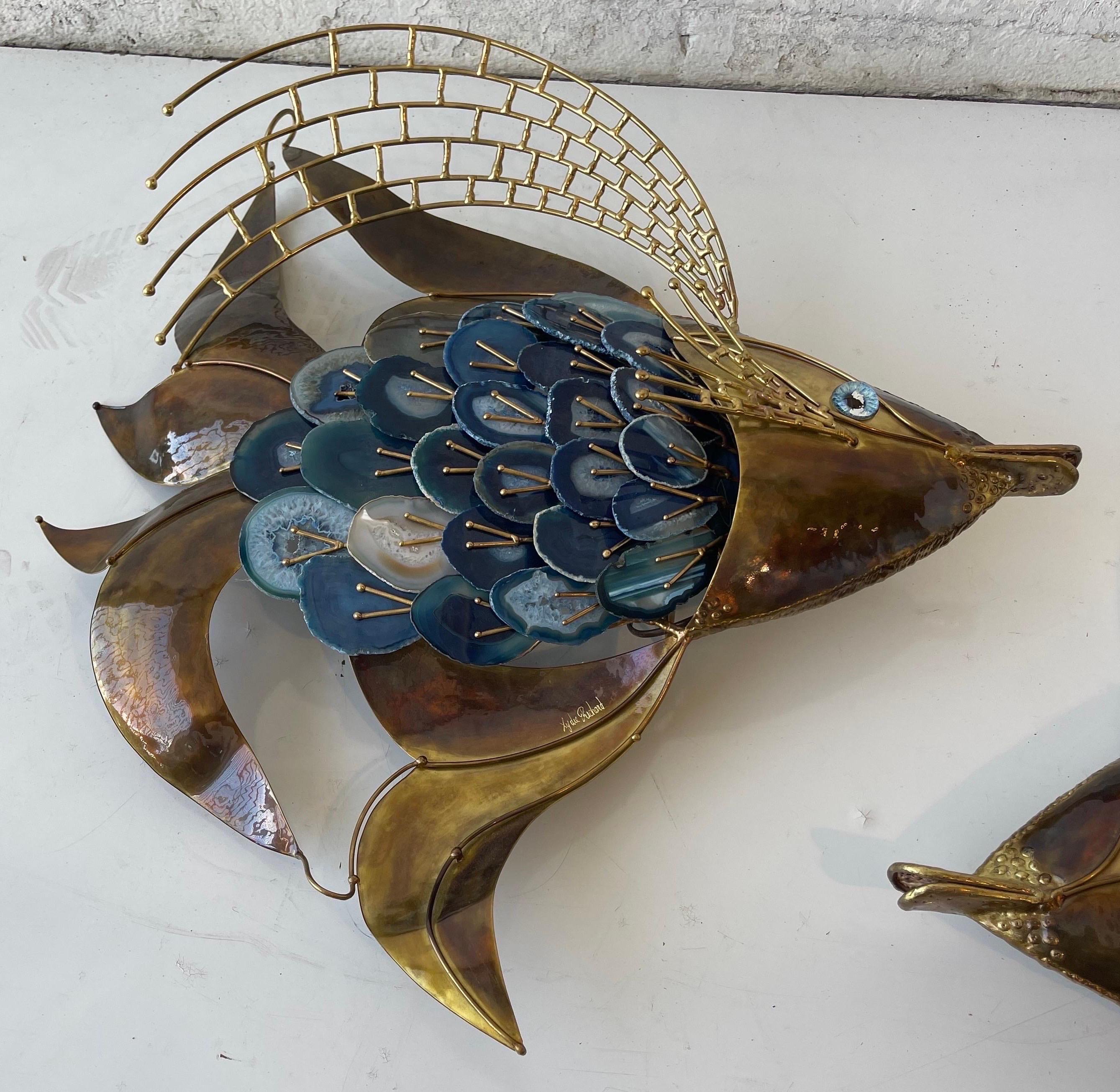 Signed Isabelle & Richard Faure Pair of Agate and Brass Fish Sconces  For Sale 6