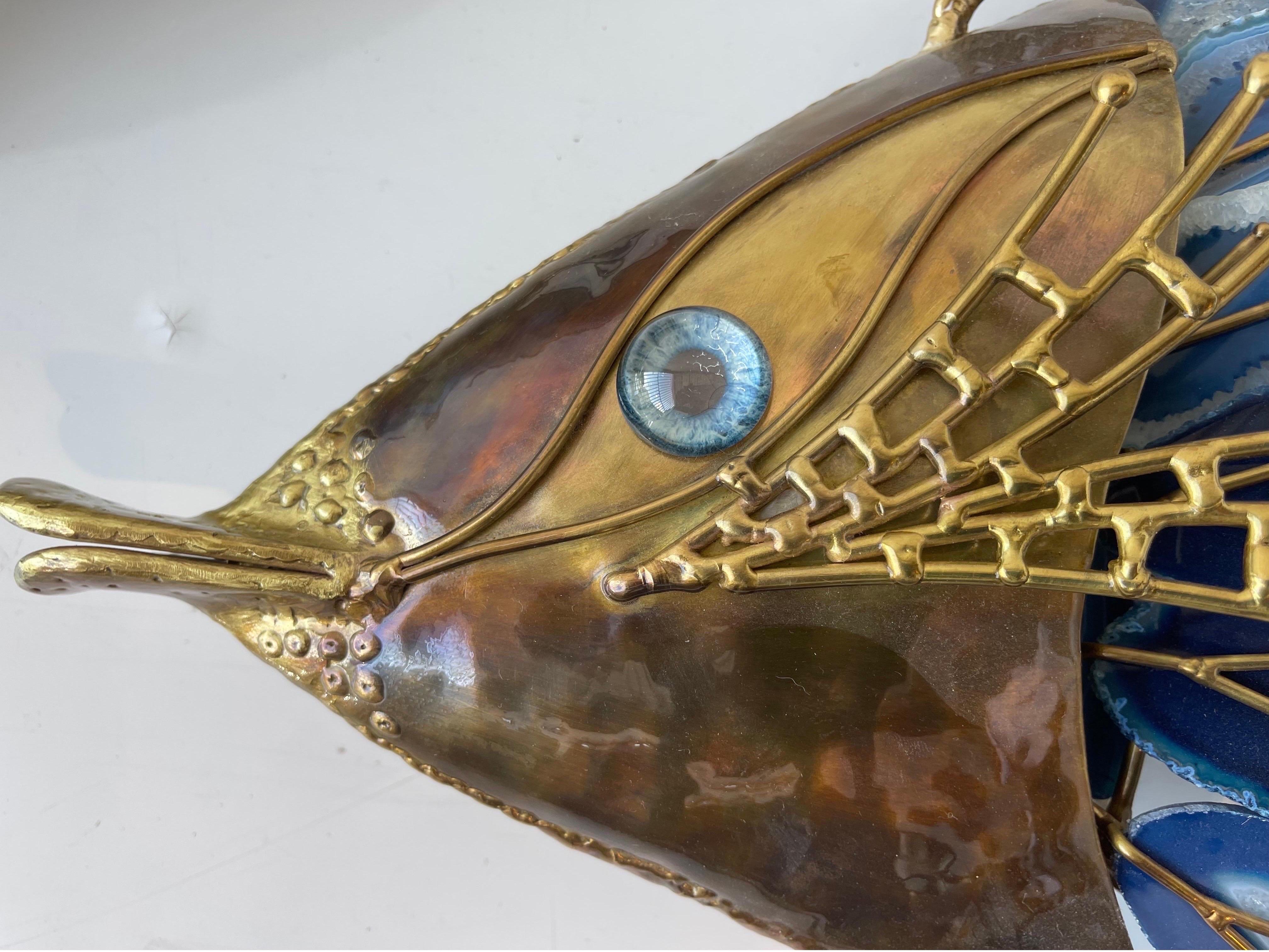 Signed Isabelle & Richard Faure Pair of Agate and Brass Fish Sconces For Sale 7