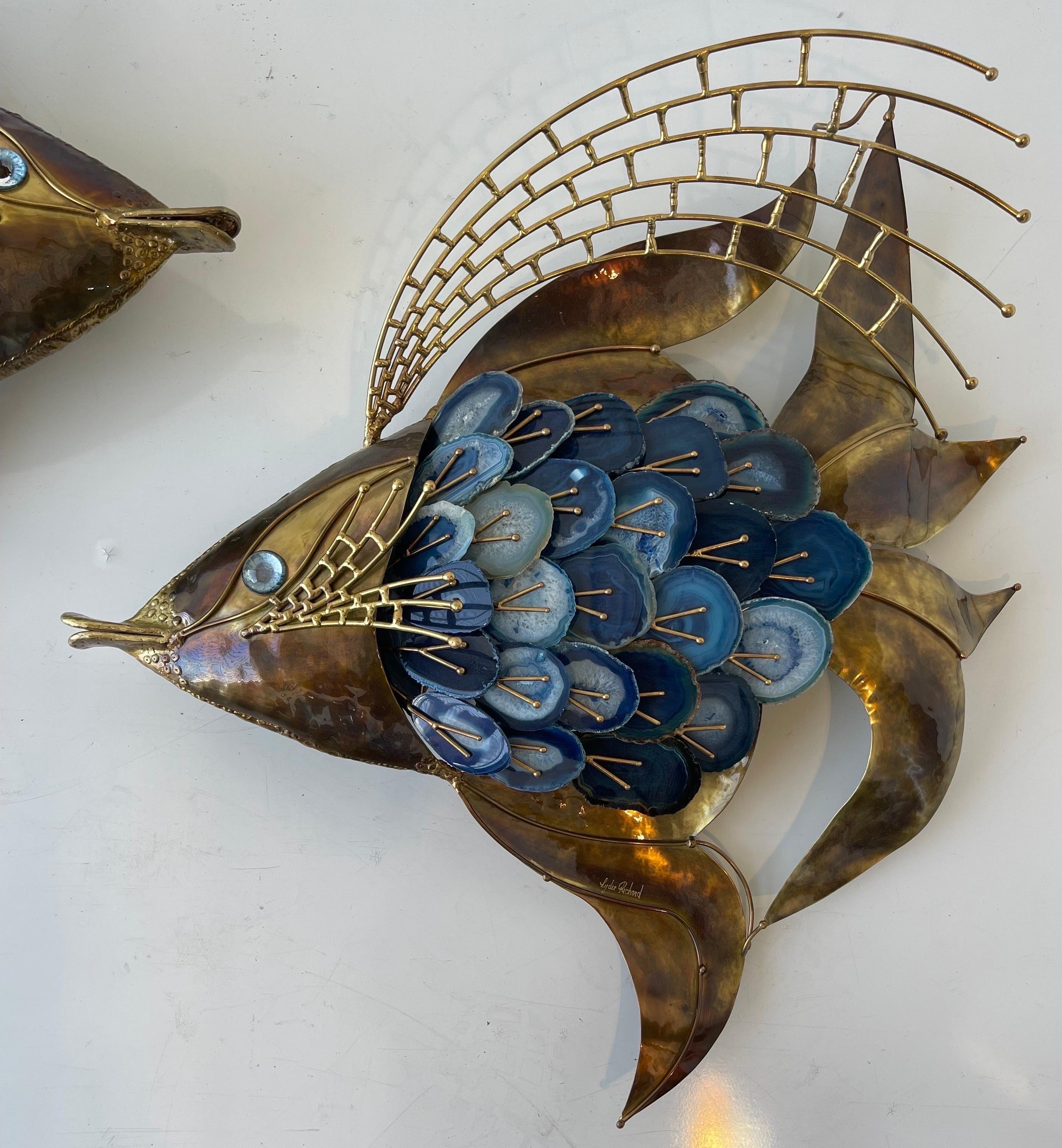 Signed Isabelle & Richard Faure Pair of Agate and Brass Fish Sconces For Sale 8