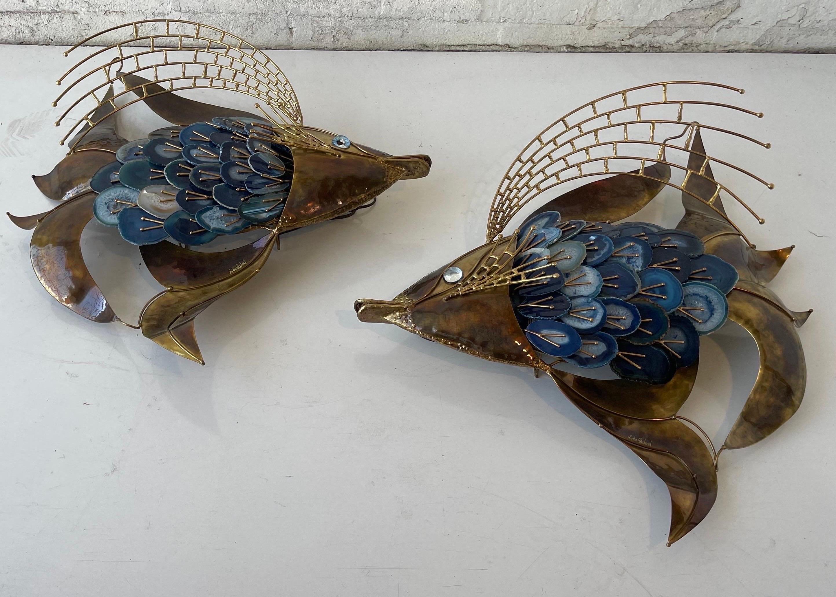 Signed Isabelle & Richard Faure Pair of Agate and Brass Fish Sconces For Sale 9