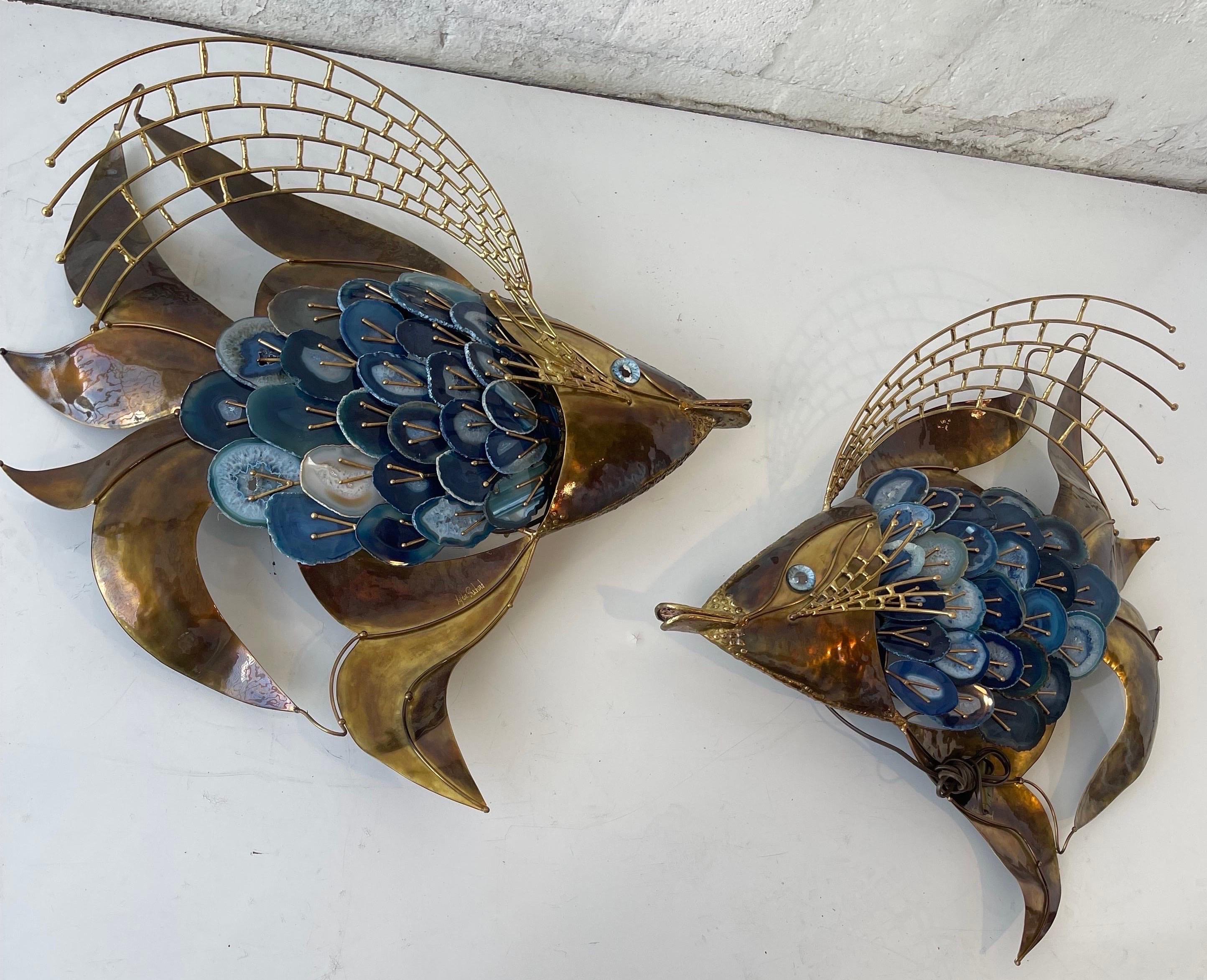 Signed Isabelle & Richard Faure Pair of Agate and Brass Fish Sconces  For Sale 11