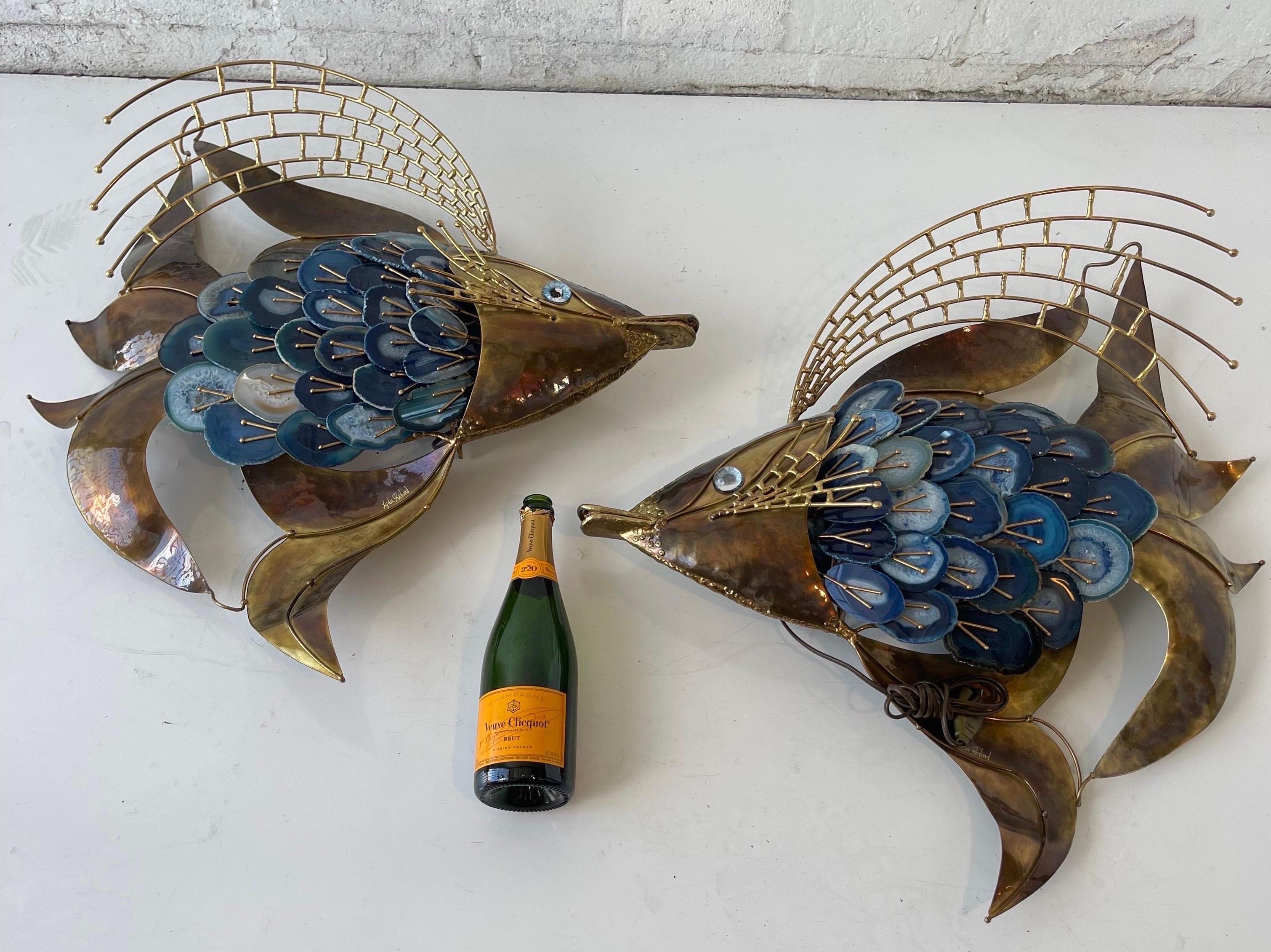 Signed Isabelle & Richard Faure Pair of Agate and Brass Fish Sconces For Sale 12