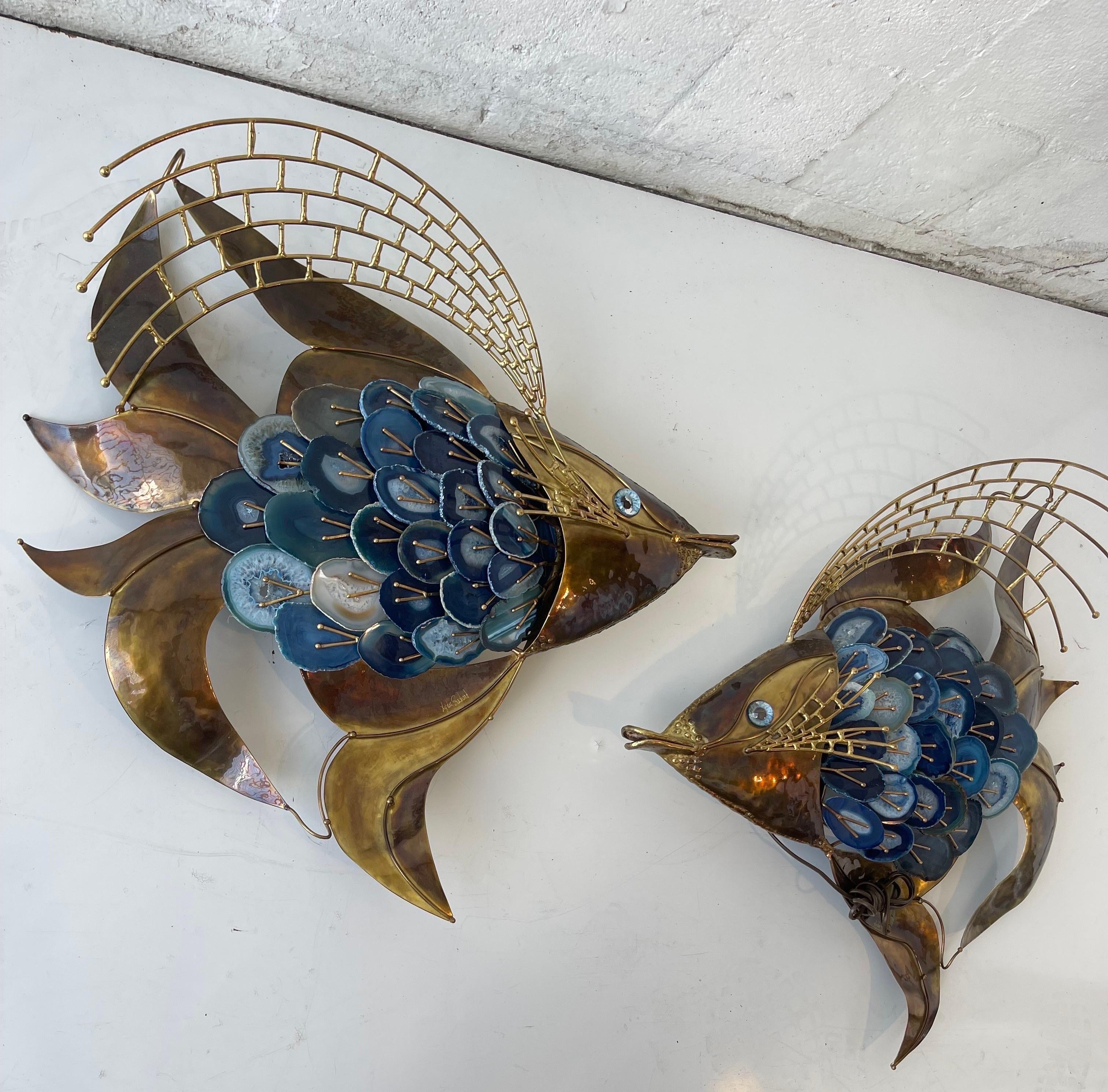 Mid-Century Modern Signed Isabelle & Richard Faure Pair of Agate and Brass Fish Sconces For Sale