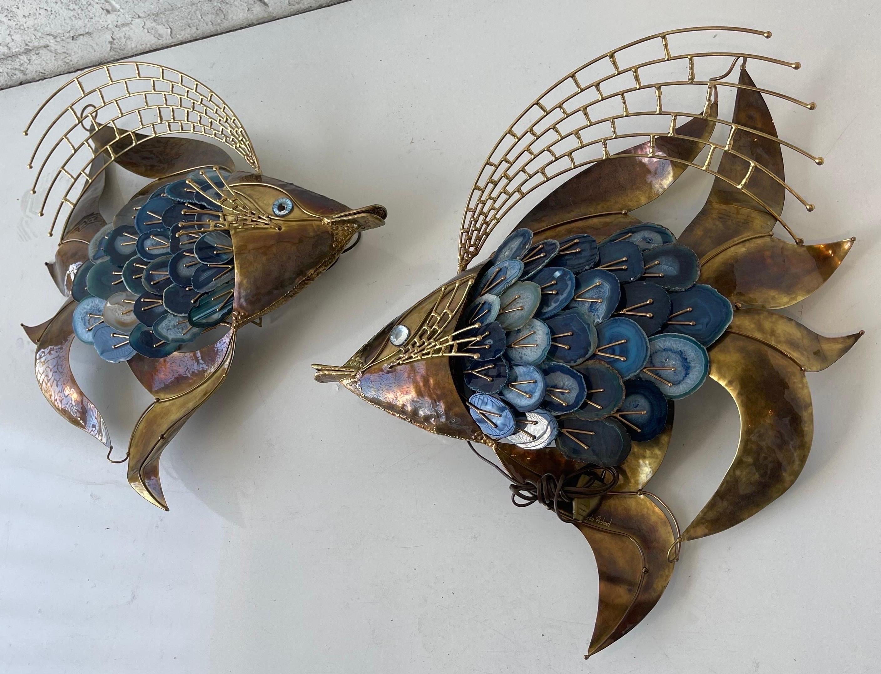Signed Isabelle & Richard Faure Pair of Agate and Brass Fish Sconces  In Excellent Condition For Sale In Miami, FL
