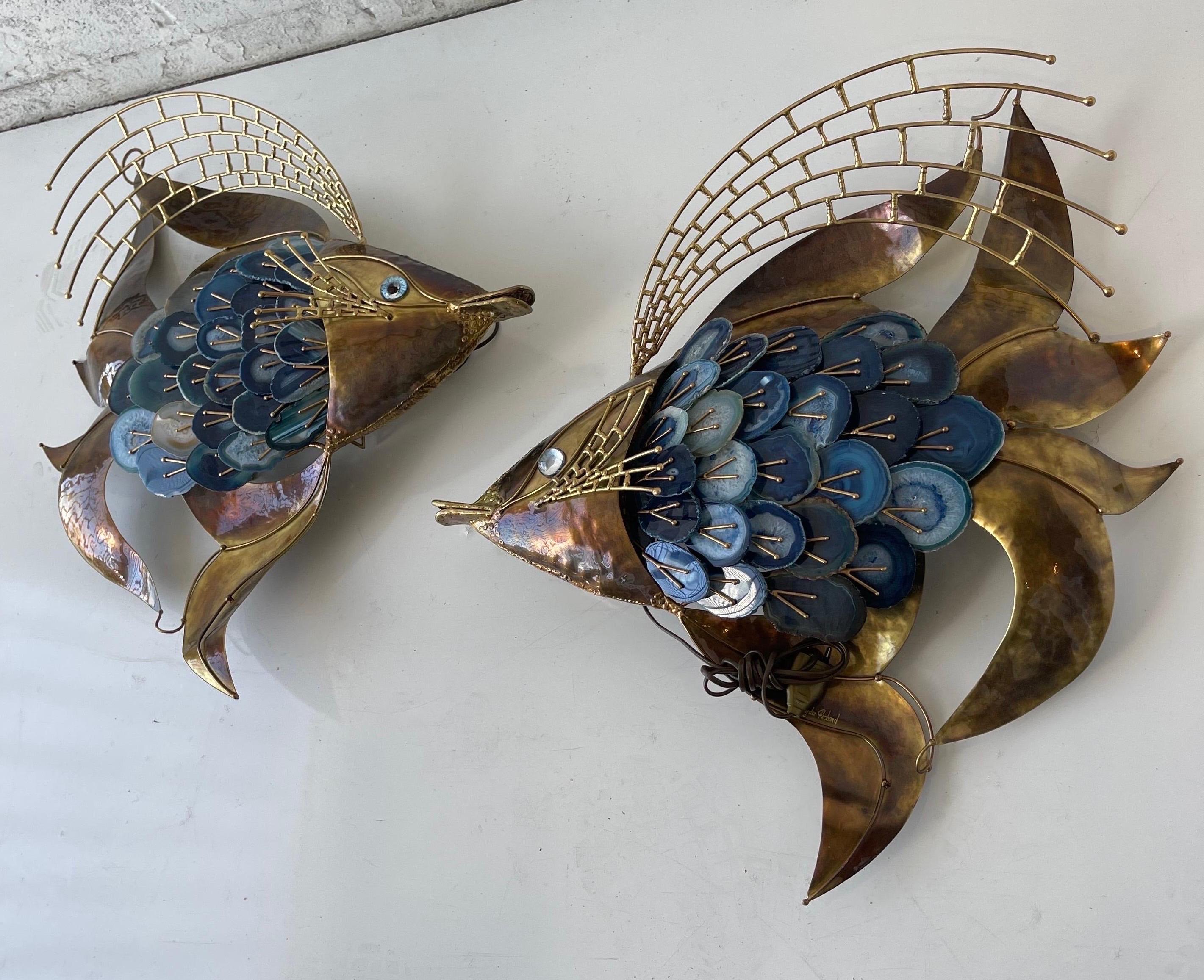 Late 20th Century Signed Isabelle & Richard Faure Pair of Agate and Brass Fish Sconces  For Sale