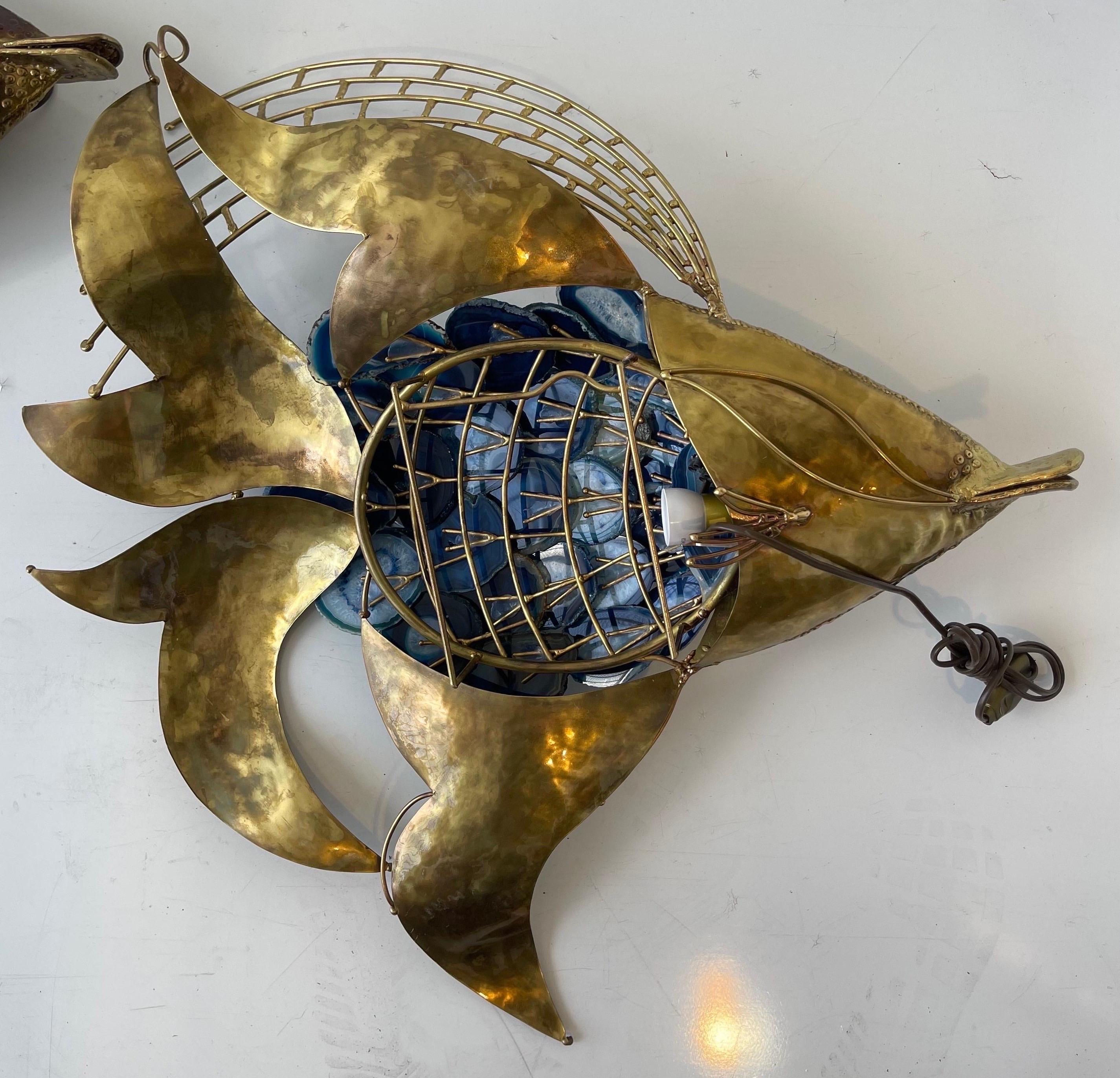 Signed Isabelle & Richard Faure Pair of Agate and Brass Fish Sconces  For Sale 1