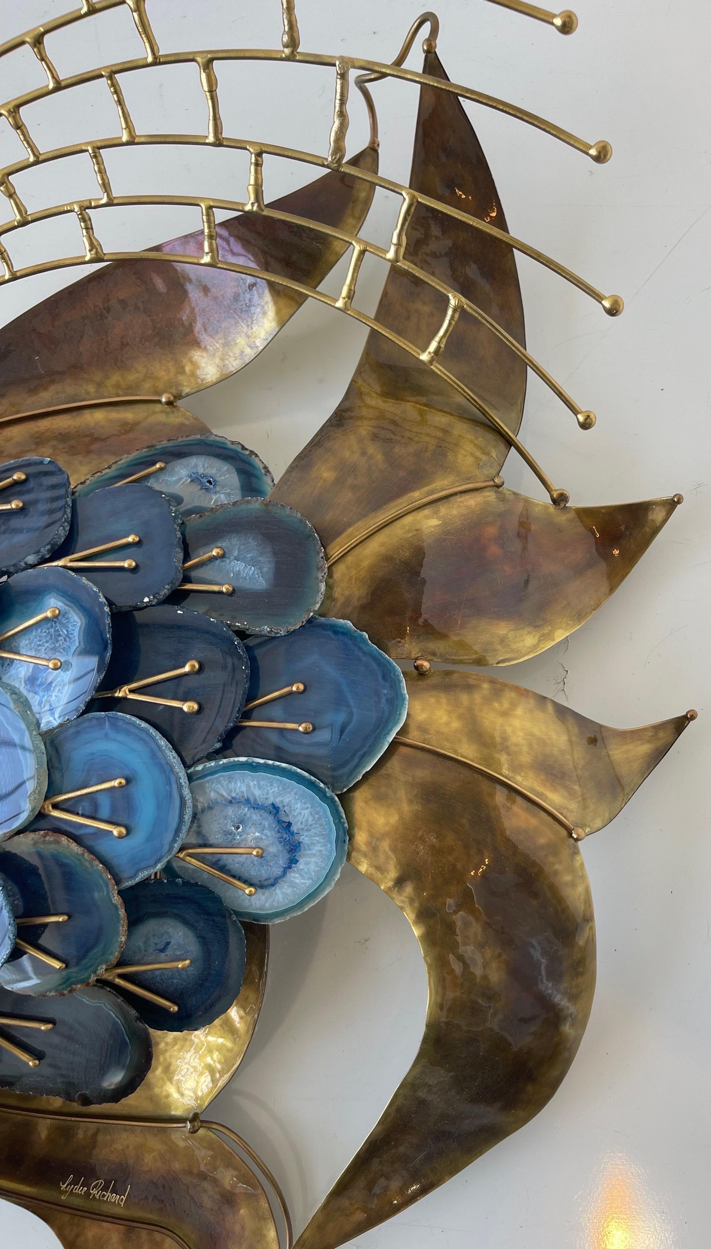 Signed Isabelle & Richard Faure Pair of Agate and Brass Fish Sconces For Sale 3