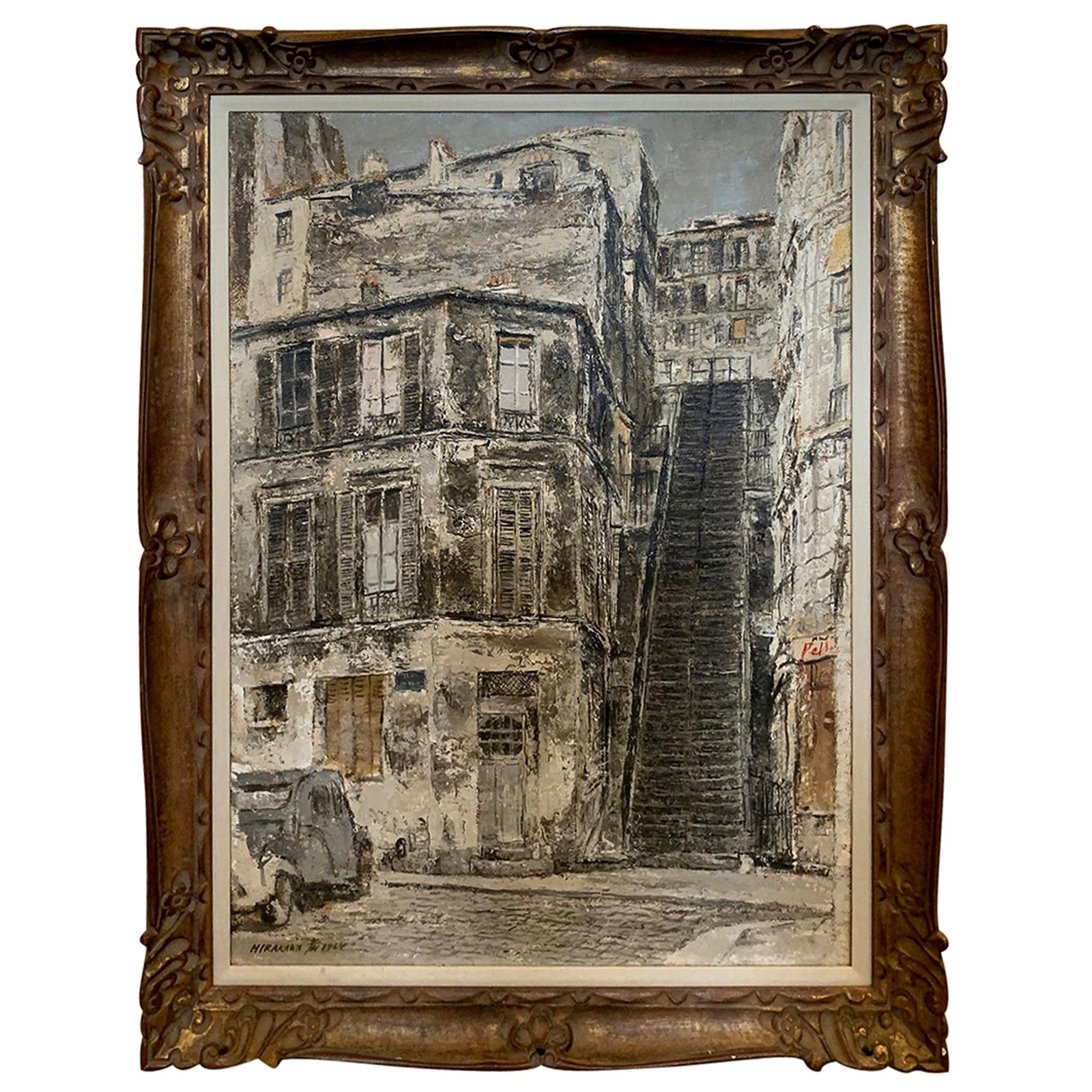 Signed Isamu Hirakawa Oil Painting on Burlap "Rue Drevet" in Montmartre, Paris