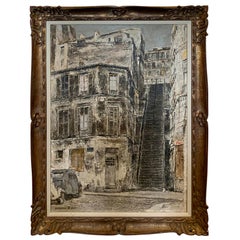 Signed Isamu Hirakawa Oil Painting on Burlap "Rue Drevet" in Montmartre, Paris