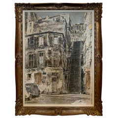 Signed Isamu Hirakawa Oil Painting on Burlap "Rue Drevet" in Montmartre, Paris