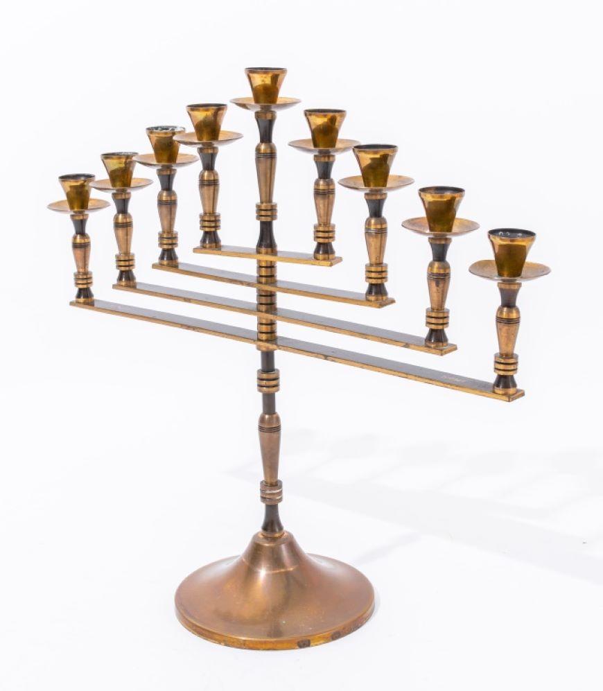 Mid-Century Modern Signed Israeli Brass Judaica Menorah For Sale