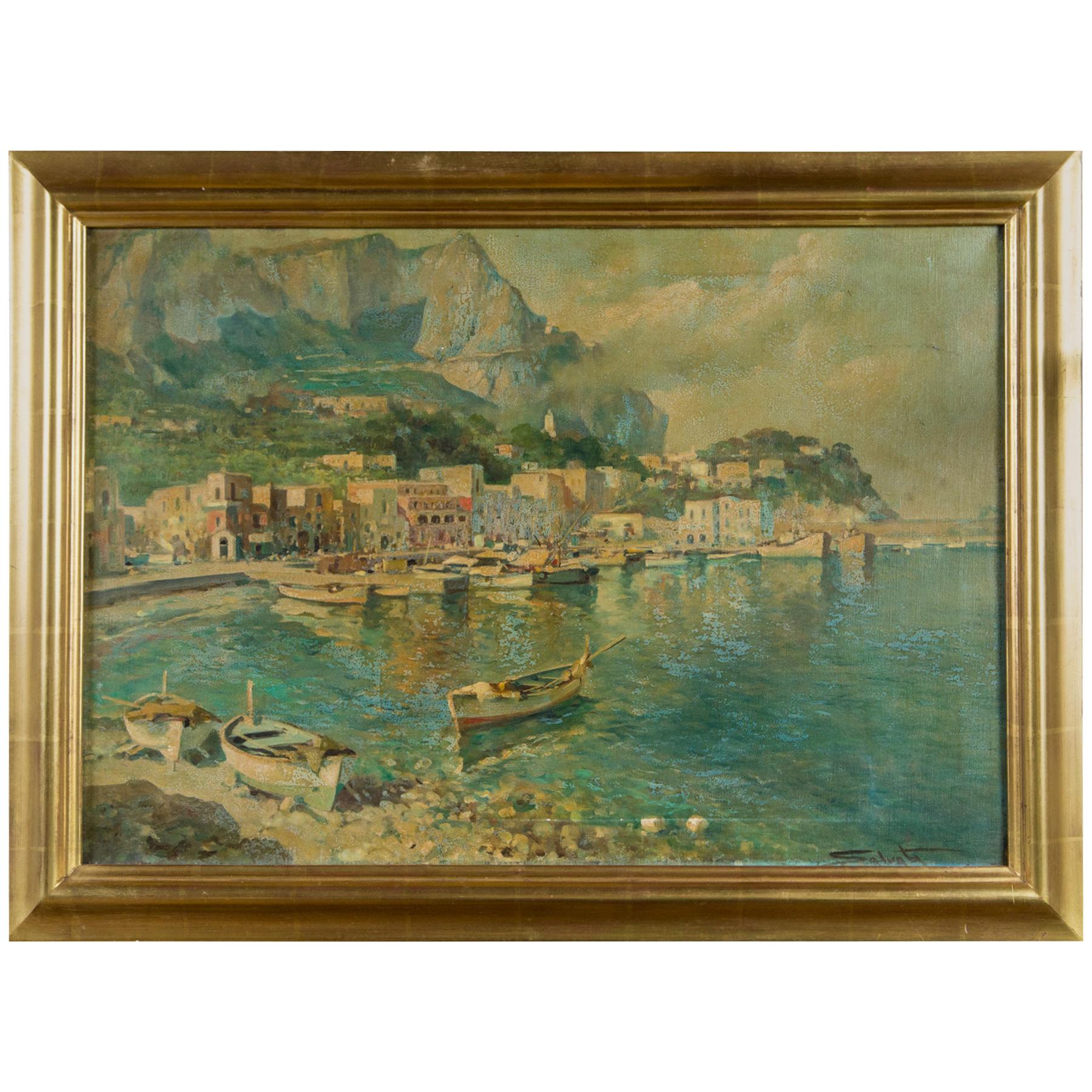 Signed Italian Amalfi Coast Painting on Canvas