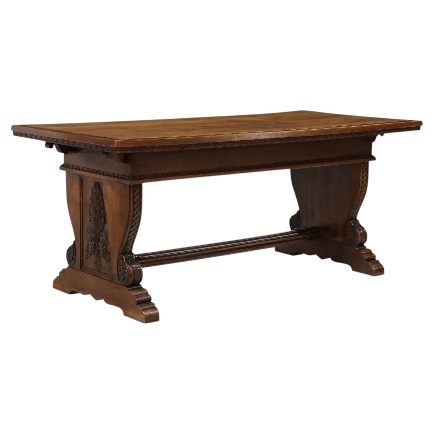 Signed Italian Art Nouveau Era Renaissance Carved Walnut Trestle Library Table