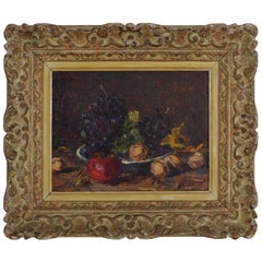 Signed Italian Oil on Artist Panel, Fruit Still Life, Carved Frame, circa 1950