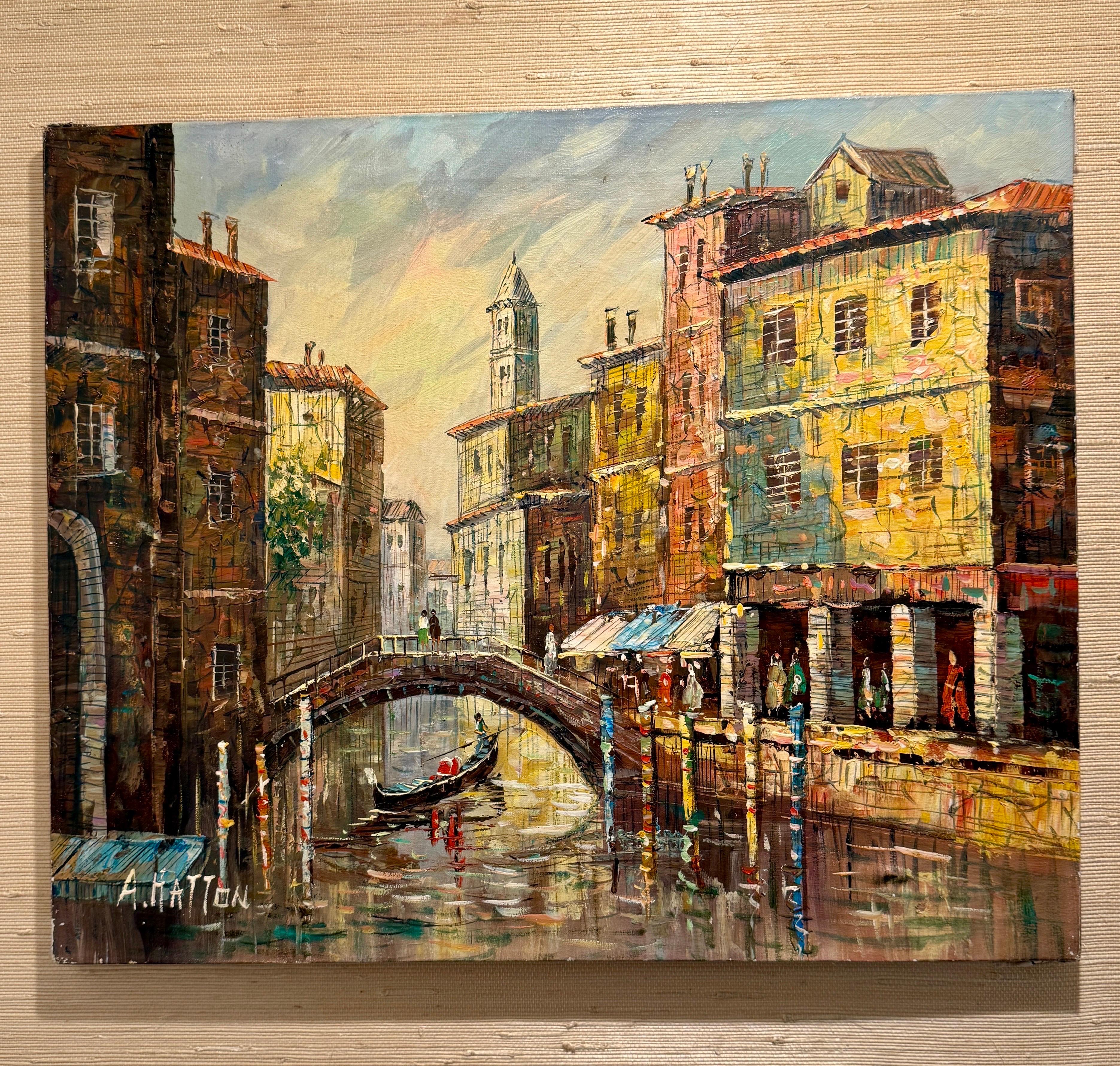 Charmantes Ölgemälde auf Leinwand einer italienischen Szene in Venedig mit Gondelbooten unter einer Brücke, signiert ca. 1950er Jahre. Sicherlich eine sehr naturgetreue Wiedergabe eines typischen Tages in Italien, der über eine Brücke führt. Gemalt