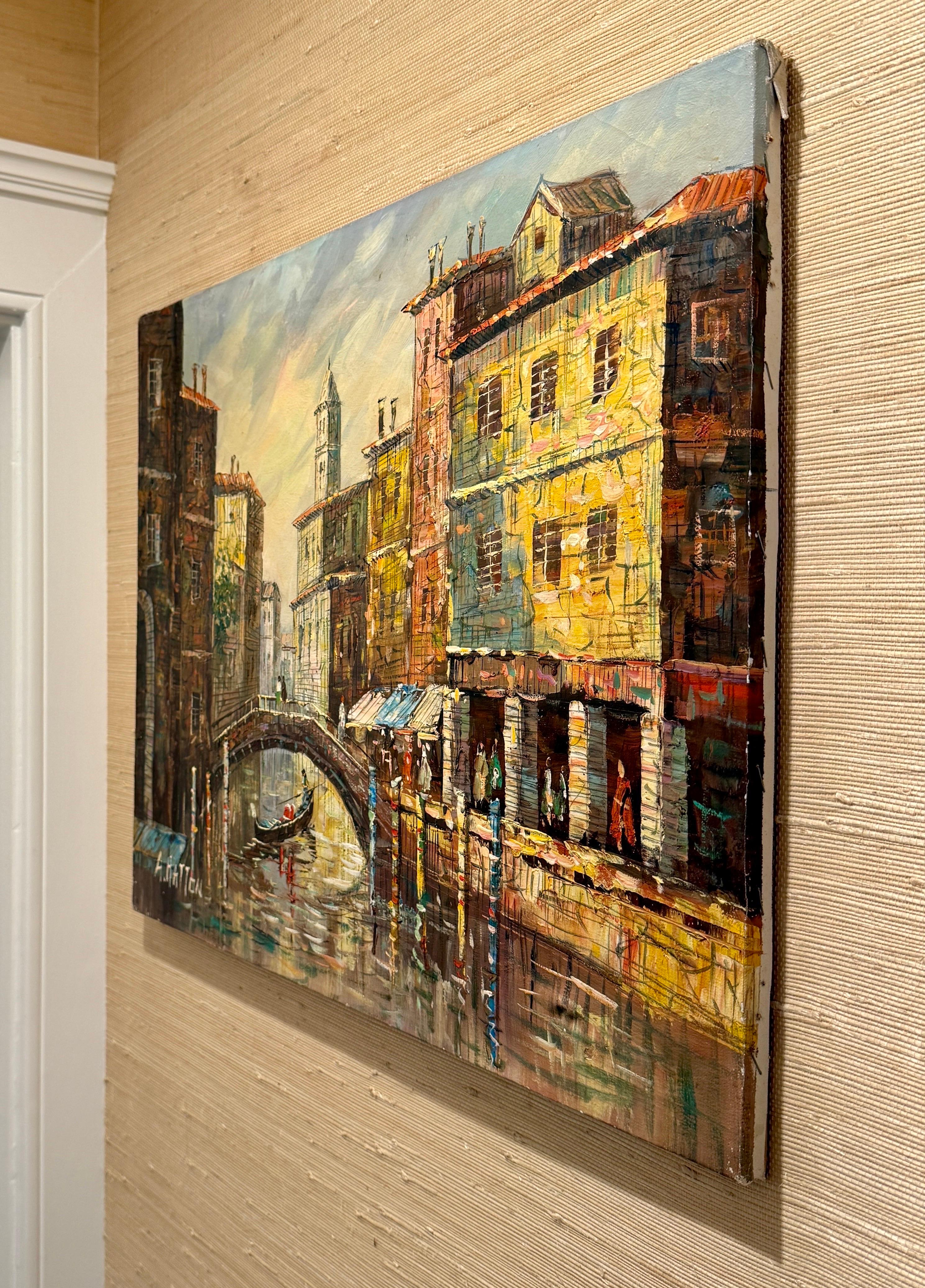 Signiertes italienisches Ölgemälde von Venedig mit Booten, Mitte 20. (Moderne der Mitte des Jahrhunderts) im Angebot