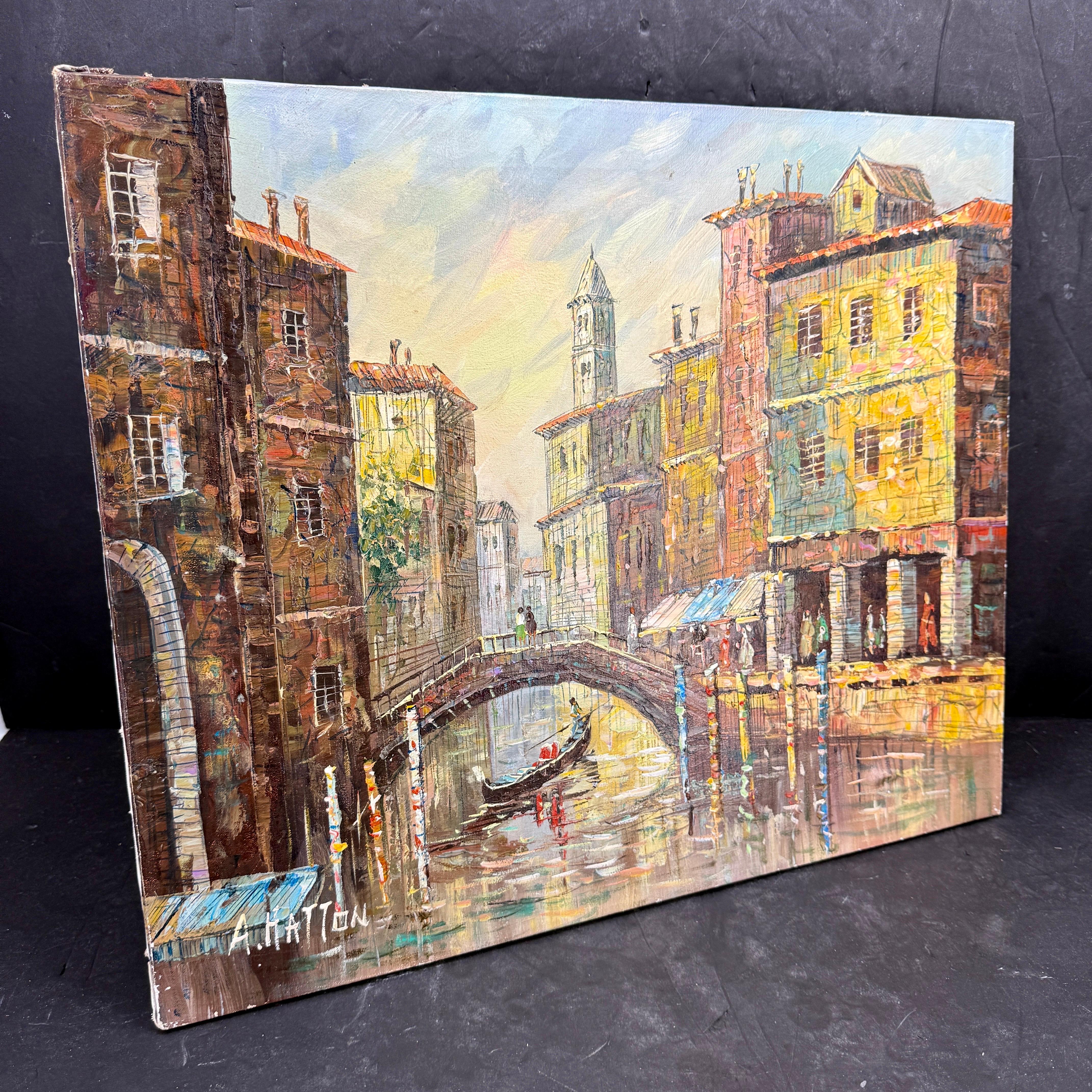 Signiertes italienisches Ölgemälde von Venedig mit Booten, Mitte 20. (Italienisch) im Angebot