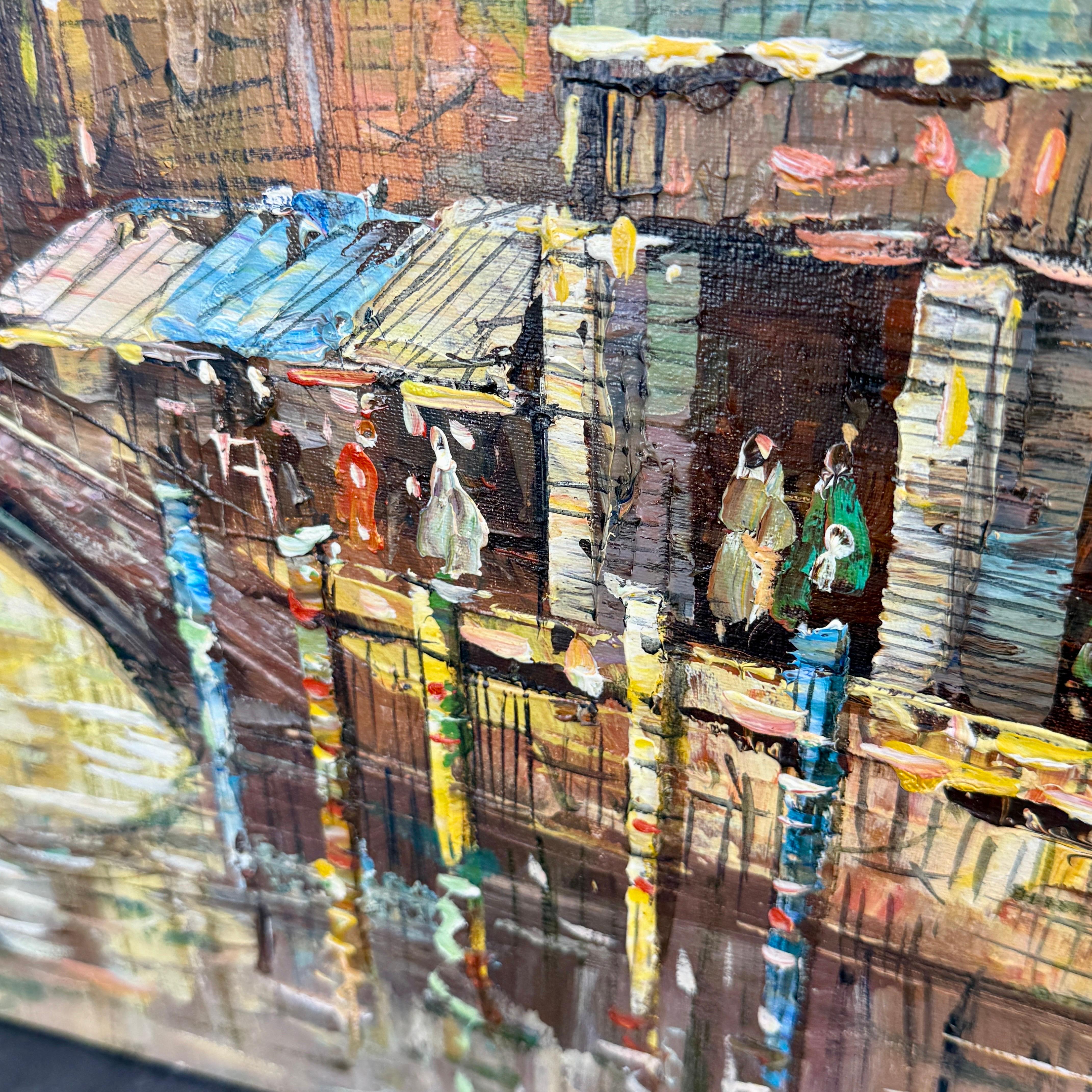 Signiertes italienisches Ölgemälde von Venedig mit Booten, Mitte 20. (Leinwand) im Angebot