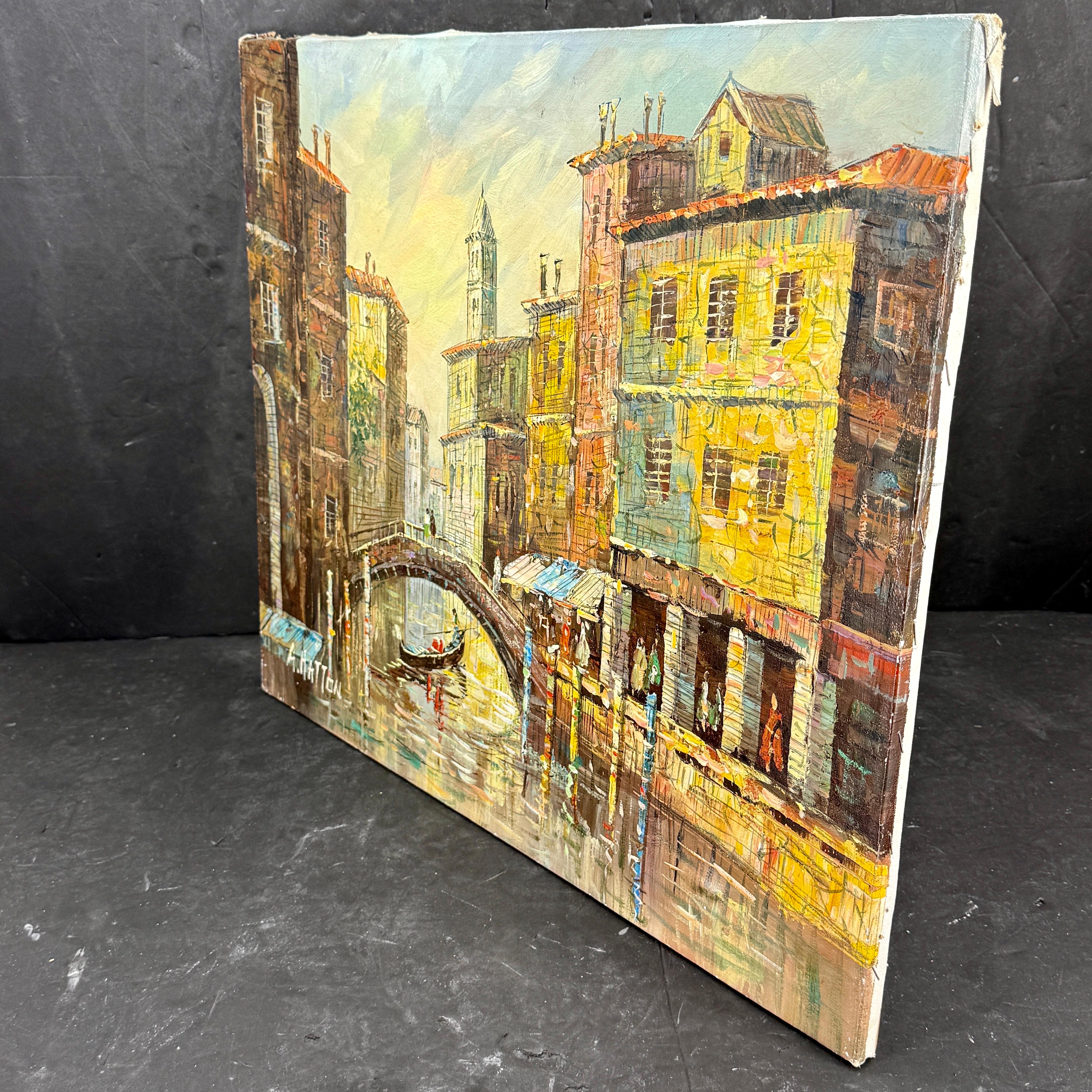 Signiertes italienisches Ölgemälde von Venedig mit Booten, Mitte 20. im Angebot 1