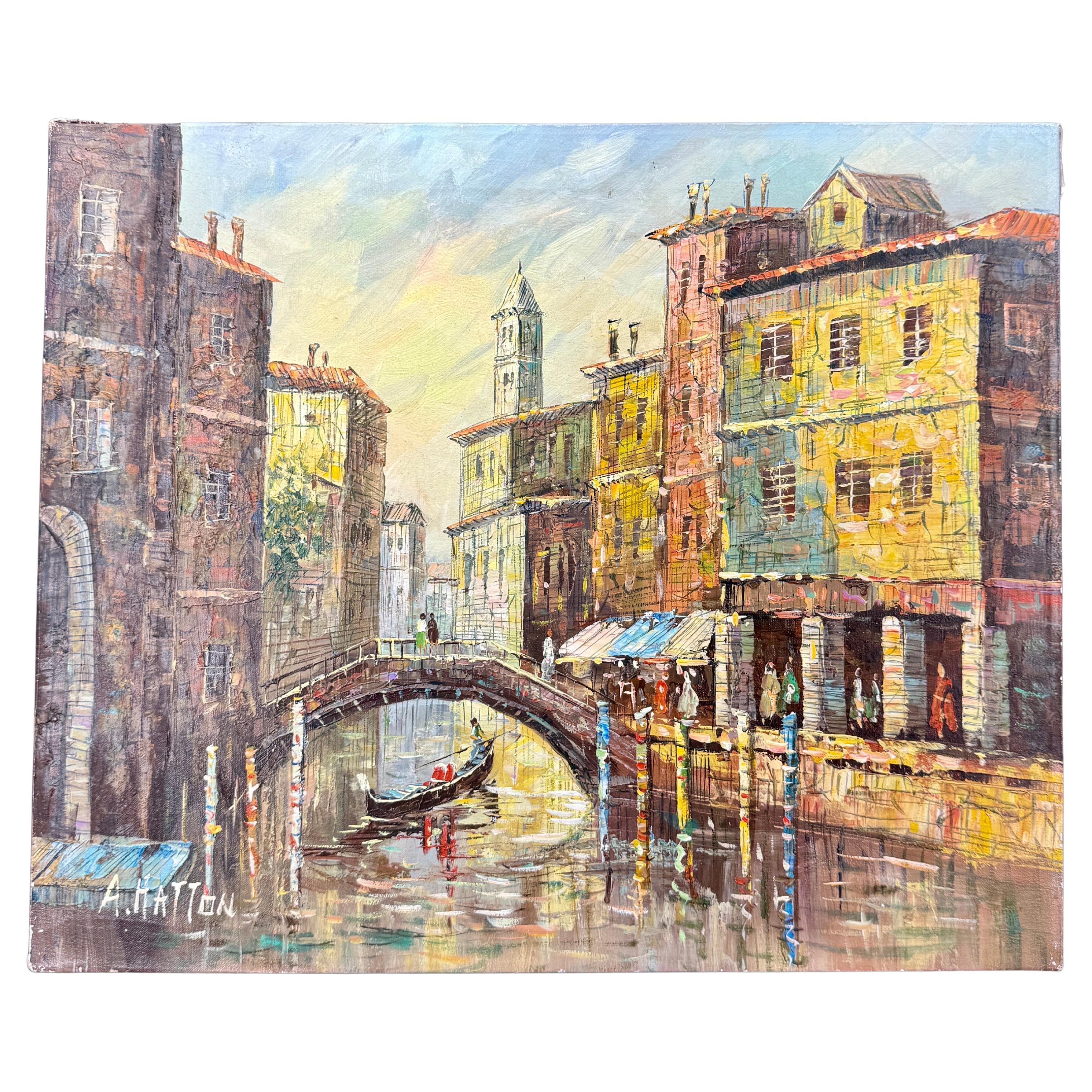Signiertes italienisches Ölgemälde von Venedig mit Booten, Mitte 20.