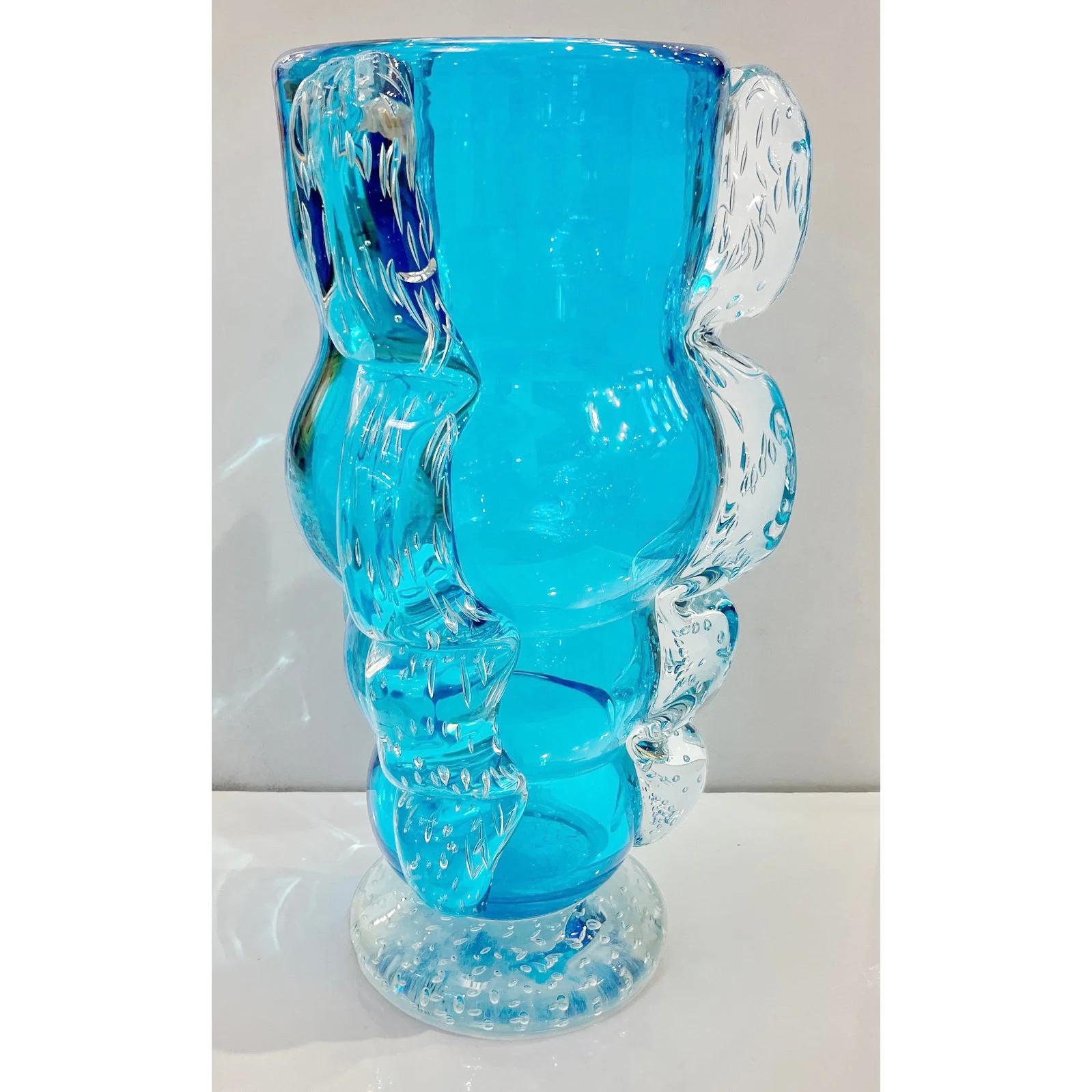 Organic Modern Signed Italian Vase in Sky Blue Murano Glass For Sale