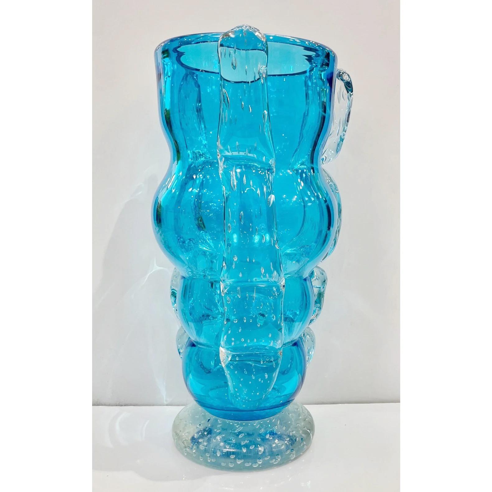 Hand-Crafted Signed Italian Vase in Sky Blue Murano Glass For Sale