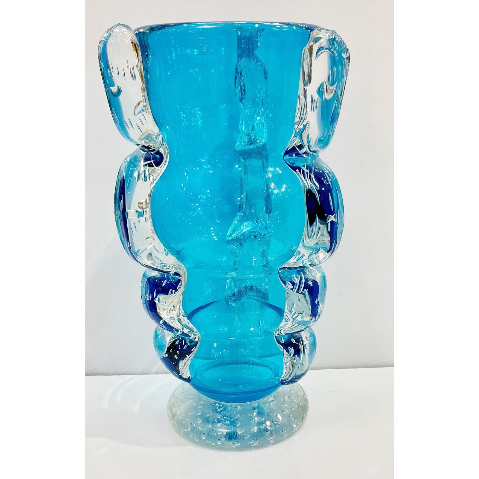 Signed Italian Vase in Sky Blue Murano Glass For Sale 1