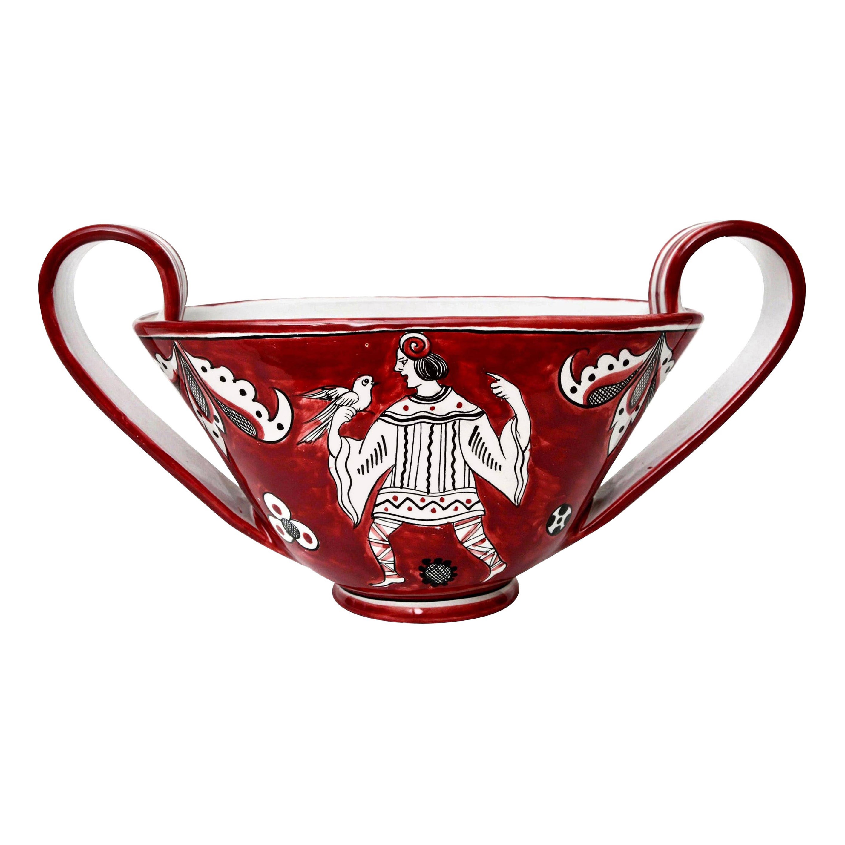 Signed Italian Vintage Glazed Ceramic Jester, Birds, Bowl, Vessel Red, Black