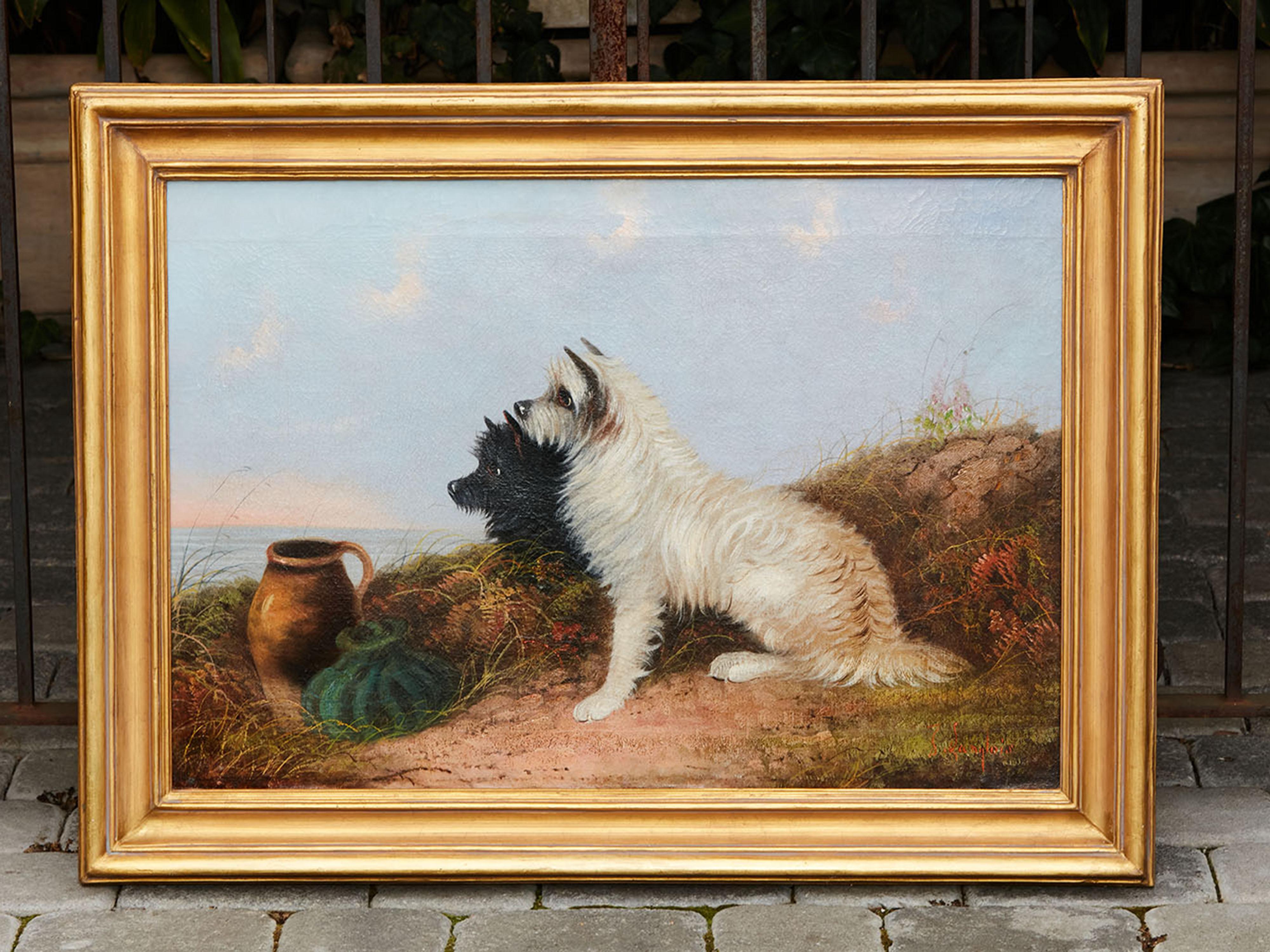 Signed J. Langlois Late 19th Century Oil on Canvas Painting Depicting Terriers 5