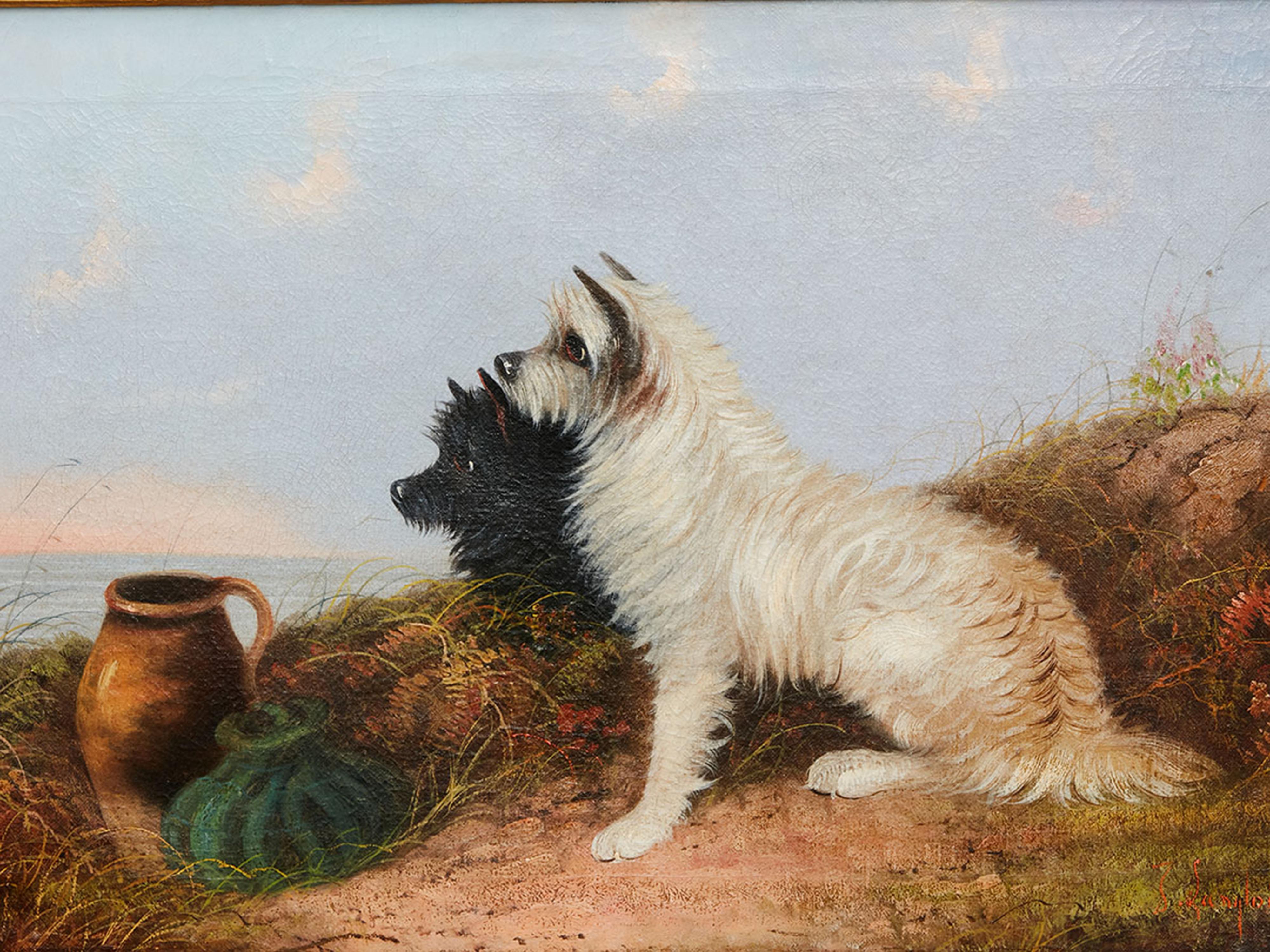 Signed J. Langlois Late 19th Century Oil on Canvas Painting Depicting Terriers 6