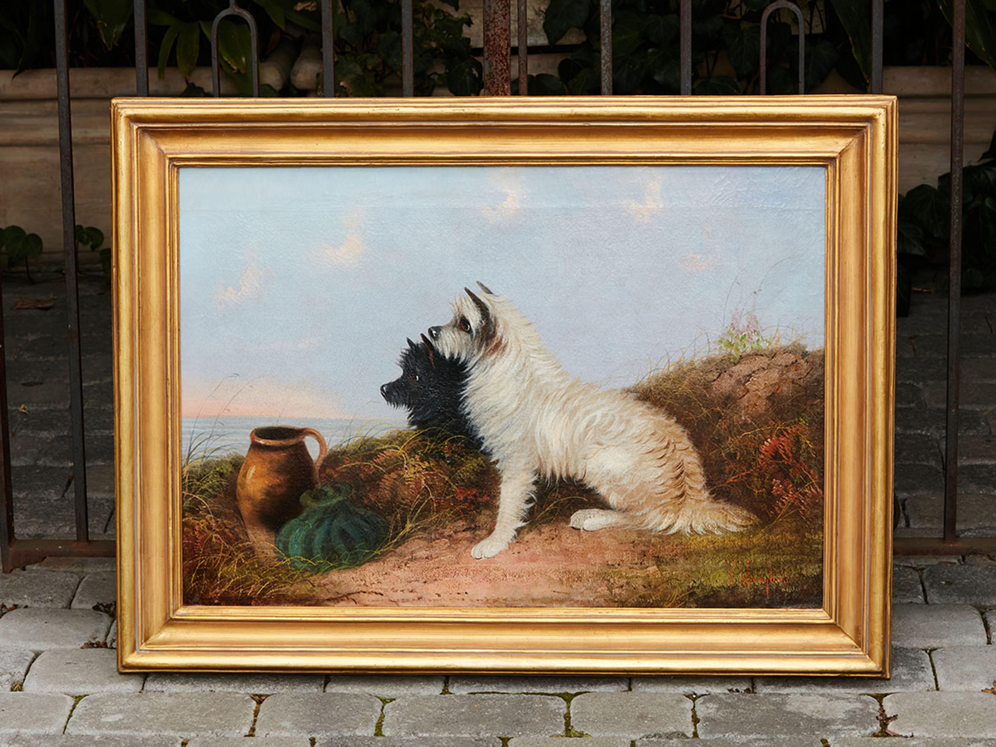 An English oil on canvas painting from the late 19th century, depicting two terrier dogs and signed J. Langlois (1855–1904). Created in England during the last quarter of the 19th century, this oil on canvas painting features two rough coated