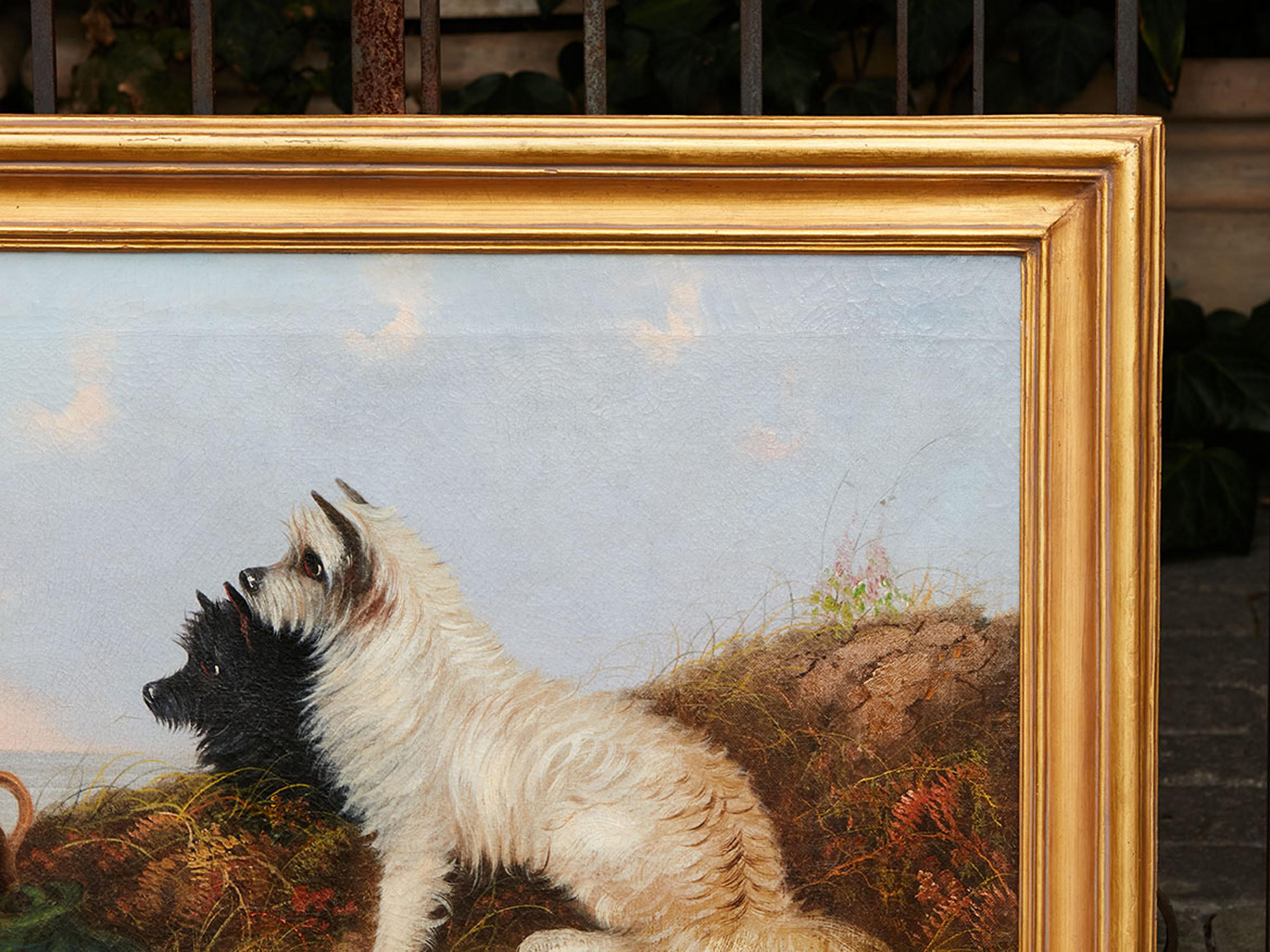 Hand-Painted Signed J. Langlois Late 19th Century Oil on Canvas Painting Depicting Terriers