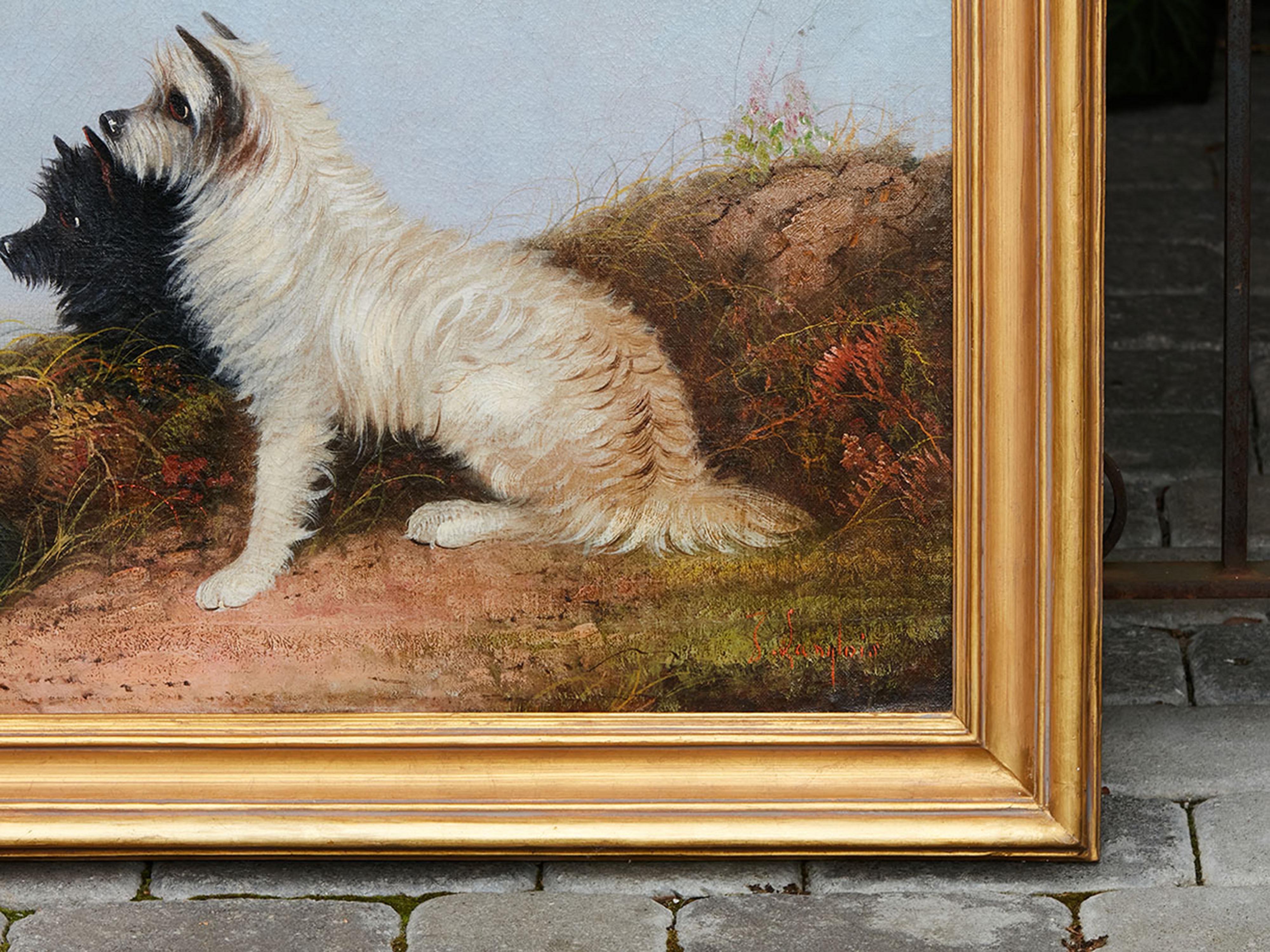 Signed J. Langlois Late 19th Century Oil on Canvas Painting Depicting Terriers 1