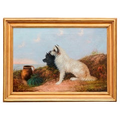 Signed J. Langlois Late 19th Century Oil on Canvas Painting Depicting Terriers