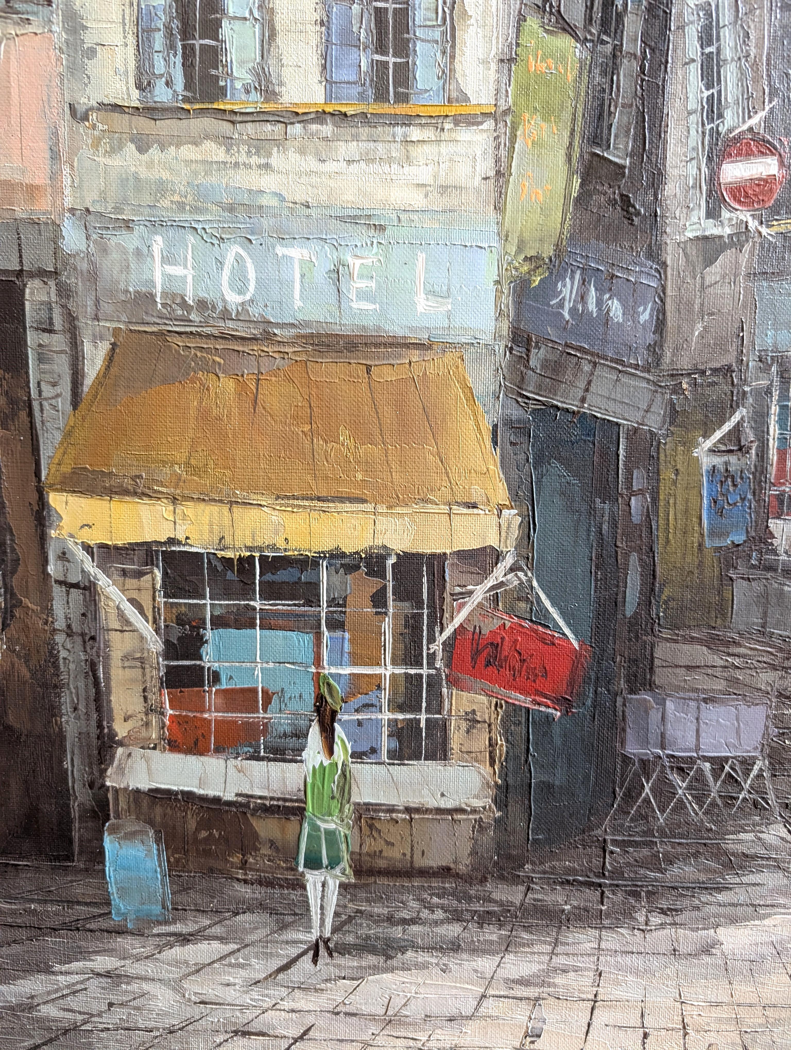 Wonderful original oil painting by J Lombard featuring a Parisian street scene. Measures 24.25 inches in width by 36.25 inches in length and .8 inch in depth, signed on the bottom corner (comes unframed, influenced by Bernard Buffett).