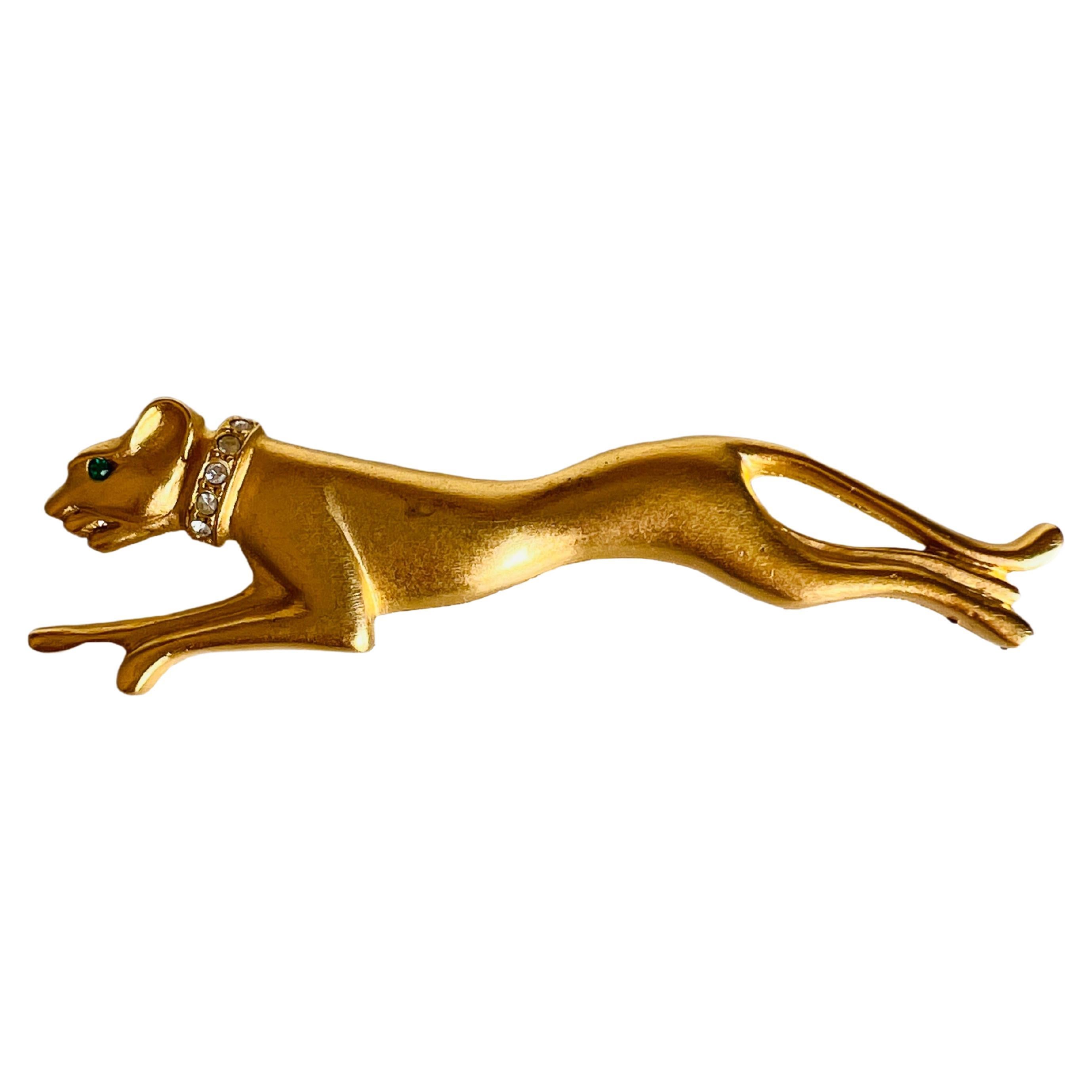 Signed Jackie Collins Gold Rhinestone Leaping Panther Exotic Cat Brooch Pin For Sale