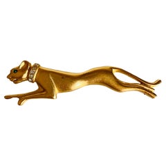 Signed Jackie Collins Gold Rhinestone Leaping Panther Exotic Cat Brooch Pin