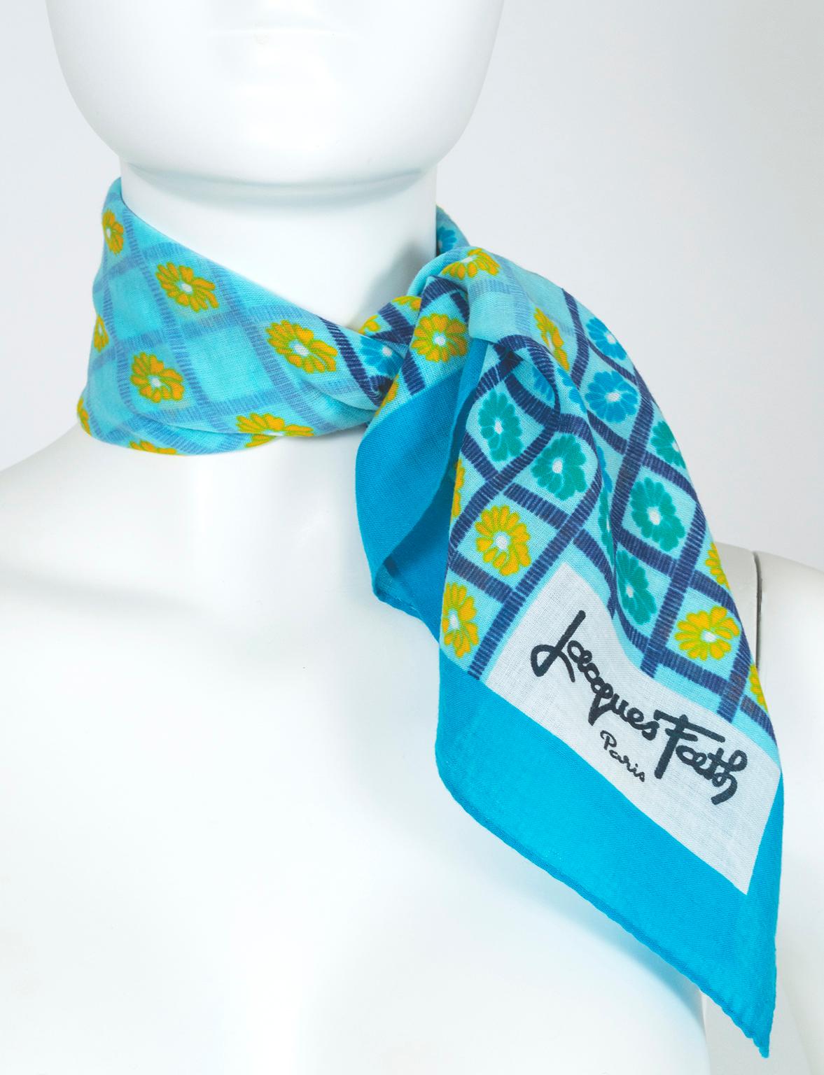Jacques Fath’s infamous playful side radiates from this cheerful summer scarf, featuring bursts of intense color and machine washable cotton lawn.

Single-ply lightweight cotton scarf with rolled edges. Square format features turquoise ground with a