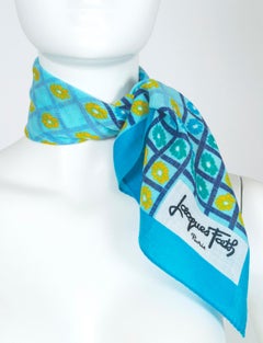 Signed Jacques Fath Turquoise and Yellow Daisy Check Cotton Scarf – 22”, 1950s