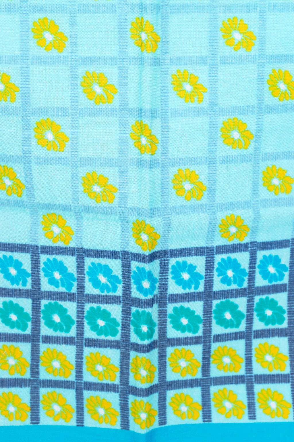 Green Signed Jacques Fath Turquoise and Yellow Daisy Check Cotton Scarf – 22”, 1950s